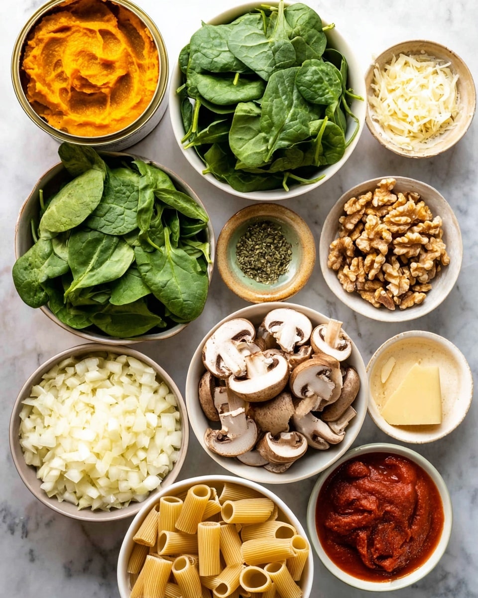 The image shows a white marbled surface with several bowls and a can containing different cooking ingredients arranged neatly. There is one large white bowl filled with uncooked tube-shaped pasta at the bottom center. Above it to the left is an open can with orange pumpkin puree inside. Next to it is a large white bowl filled with fresh, bright green spinach leaves. To the right of the spinach is a large bowl filled with sliced brown mushrooms. Above the mushrooms is a large bowl filled with chopped white onions. Near the top right corner are two smaller bowls, one with finely minced garlic and one with pale yellow grated cheese. Above and to the left of these bowls is a small bowl with green dried herbs. Below that is a small bowl with red tomato paste. At the center top is a bowl filled with light brown chopped walnuts. The colors range from green to white, brown, orange, and red, creating a fresh and inviting look photo taken with an iphone --ar 4:5 --v 7