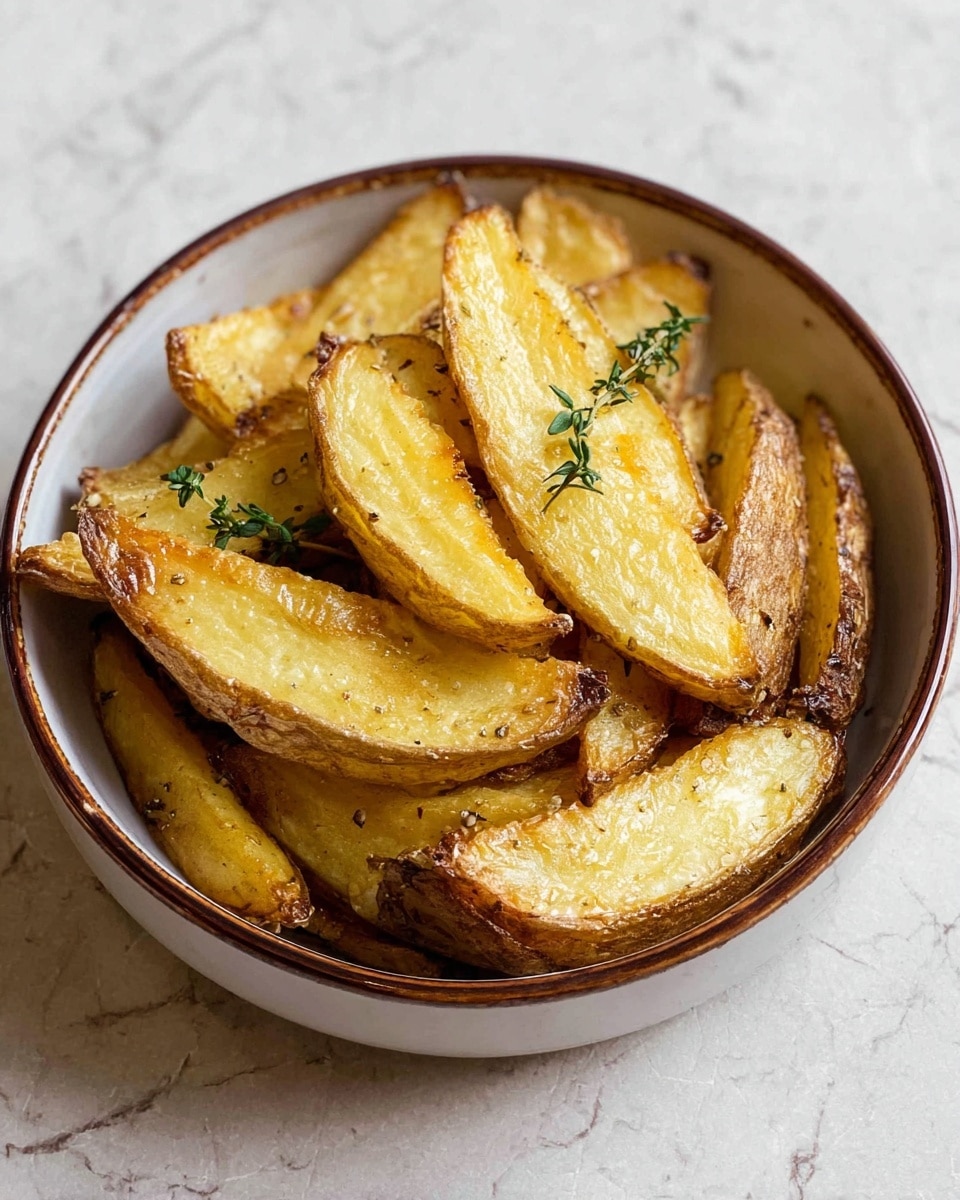 A bowl filled with a thick layer of golden roasted potato wedges, each wedge showing a crispy light brown outer edge with a soft yellow interior. The wedges are stacked in a slightly uneven pile inside a deep white bowl with a brown rim. On top, two small green thyme sprigs lay diagonally, adding a fresh touch. The bowl sits on a white marbled textured surface. photo taken with an iphone --ar 4:5 --v 7