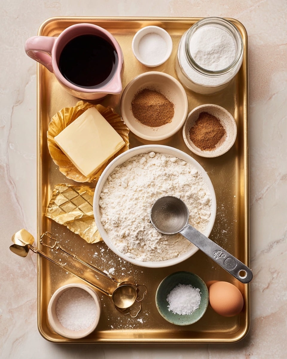 A gold tray holds several baking ingredients arranged neatly on a white marbled surface. In the center, a white bowl filled with white flour has a metal measuring cup resting inside, partially filled with more flour. To the left, a small pink pitcher contains a dark syrupy liquid next to a square piece of butter resting on a gold-colored paper on a small gold square dish. Above the pitcher is a small beige bowl holding two kinds of brown spices, one darker and one lighter. To the right of the flour bowl, a glass jar filled with white sugar stands tall, with a single brown egg lying next to it. Near the bottom right corner of the tray, a tiny green bowl holds coarse salt. Several measuring spoons and other small bowls with baking ingredients surround the tray on the white marbled surface. Photo taken with an iphone --ar 4:5 --v 7