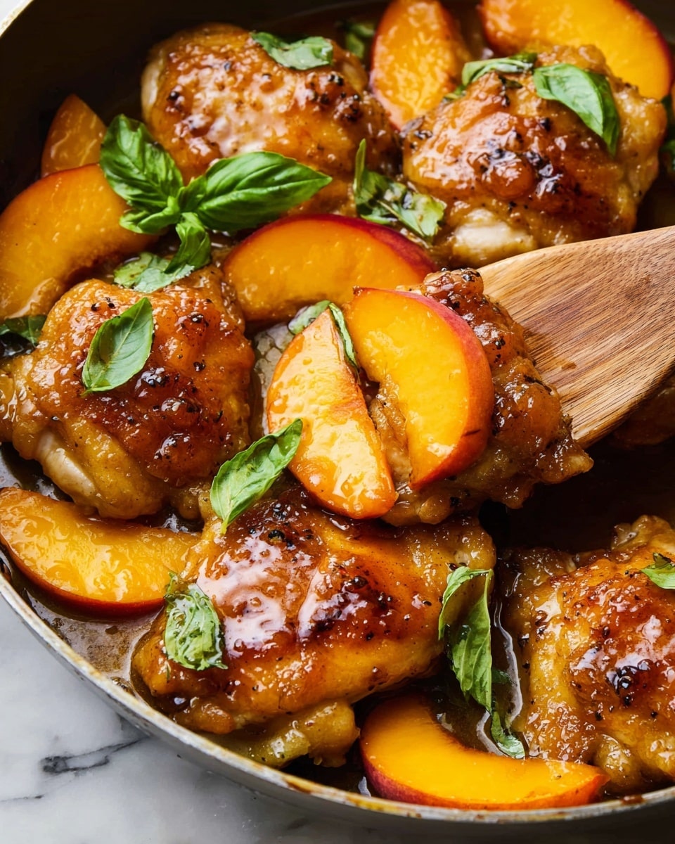 A close-up view shows several cooked chicken pieces with a shiny glaze, golden brown with crispy edges, arranged in a pan with bright orange peach slices on top and under the chicken. Fresh green basil leaves are scattered in the pan, adding color contrast. A wooden spatula lifts one piece of chicken with peach slices, showing the juicy texture and glaze. The pan and food sit on a white marbled surface. photo taken with an iphone --ar 4:5 --v 7