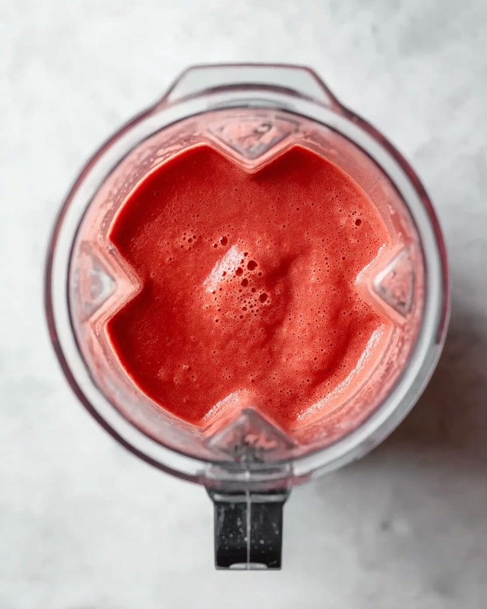 A top-down view of a clear blender jar filled with a thick, smooth red mixture. The red mixture has a creamy texture with small bubbles and a slight swirl in the center. The blender jar has a black handle on the right side. The jar sits on a white marbled surface. photo taken with an iphone --ar 4:5 --v 7