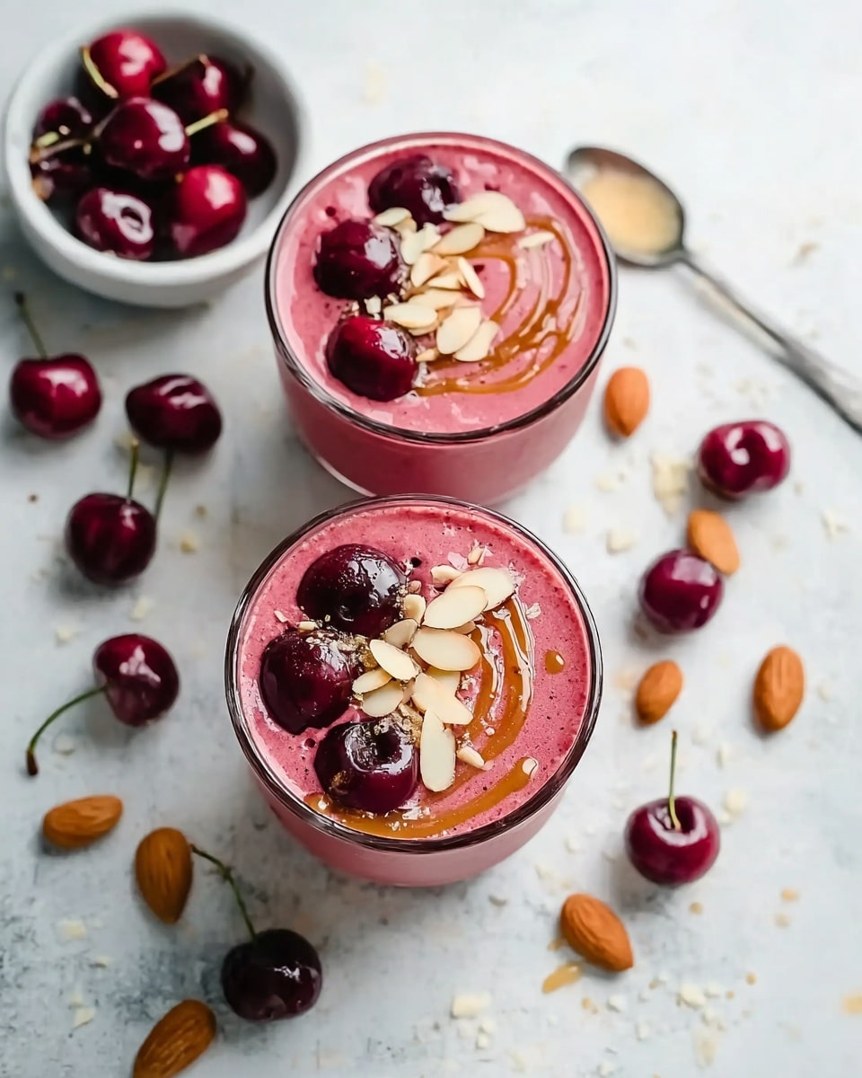 Two round glasses filled with smooth pink smoothie, each topped with a layer of dark red cherries and sprinkled with light beige almond slices. A swirl of honey adds a shiny amber layer on the surface of the smoothie. The glasses are placed on a white marbled surface scattered with more cherries and almonds. In the background, a small white bowl holds extra dark red cherries. A spoon with a honey drizzle lies nearby. Photo taken with an iphone --ar 4:5 --v 7