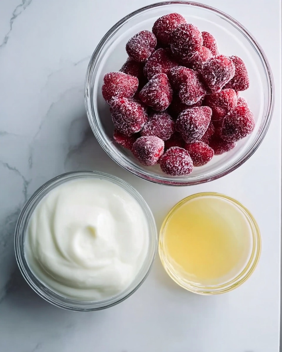 The image shows three clear glass bowls placed on a white marbled surface. The largest bowl, positioned at the top right, is filled with frozen strawberries covered in frost, showing a deep red with white icy spots. Below to the left there is a medium-sized bowl filled with thick, white yogurt, its smooth texture visible along the top. To the right of the yogurt bowl, there is a small bowl containing a yellowish liquid, smooth and shiny. The photo is bright with natural light highlighting the colors and textures clearly. photo taken with an iphone --ar 4:5 --v 7