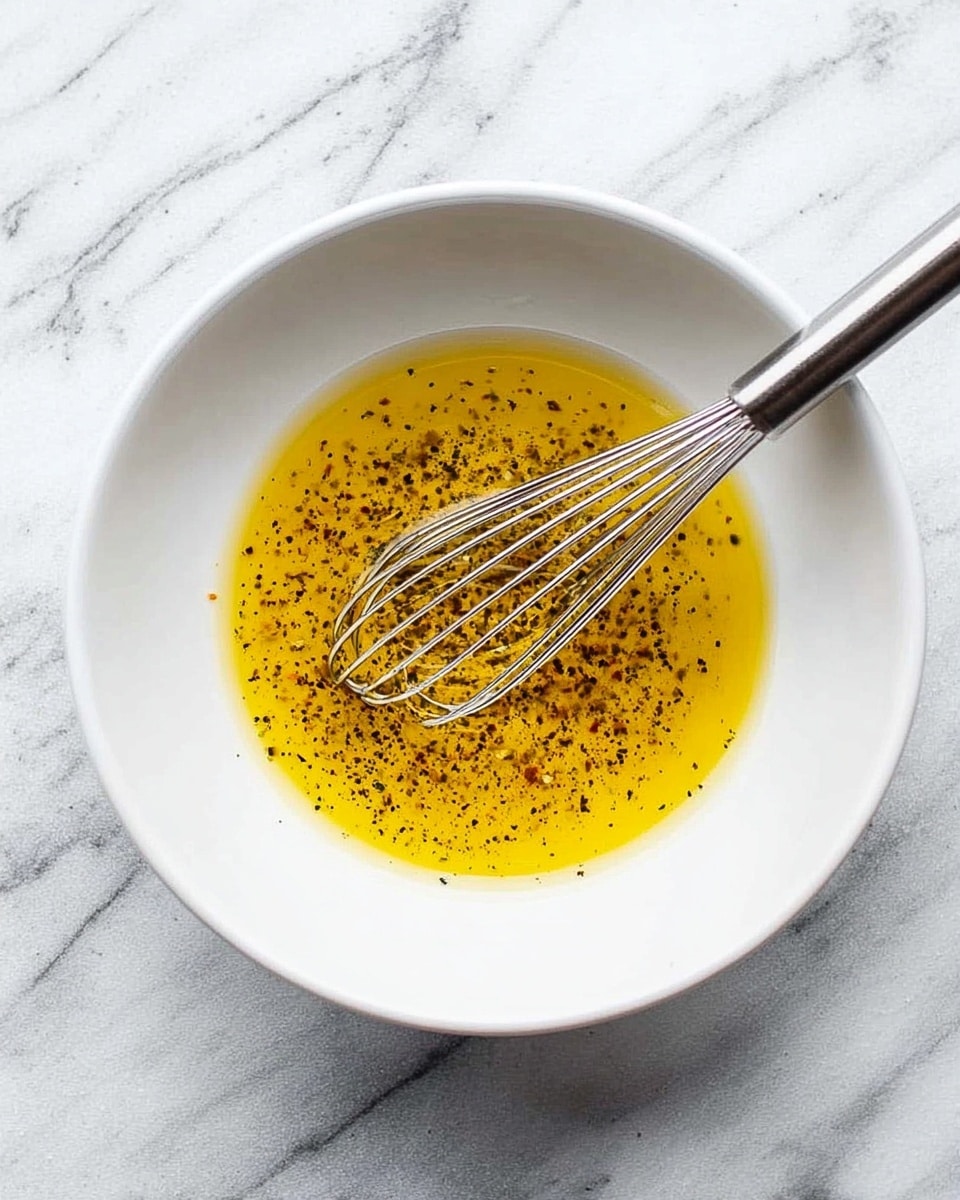 A white bowl filled with a single layer of golden-yellow olive oil mixed with tiny black pepper specks floating throughout, with a shiny silver metal whisk resting inside the bowl, on a white marbled surface photo taken with an iphone --ar 4:5 --v 7