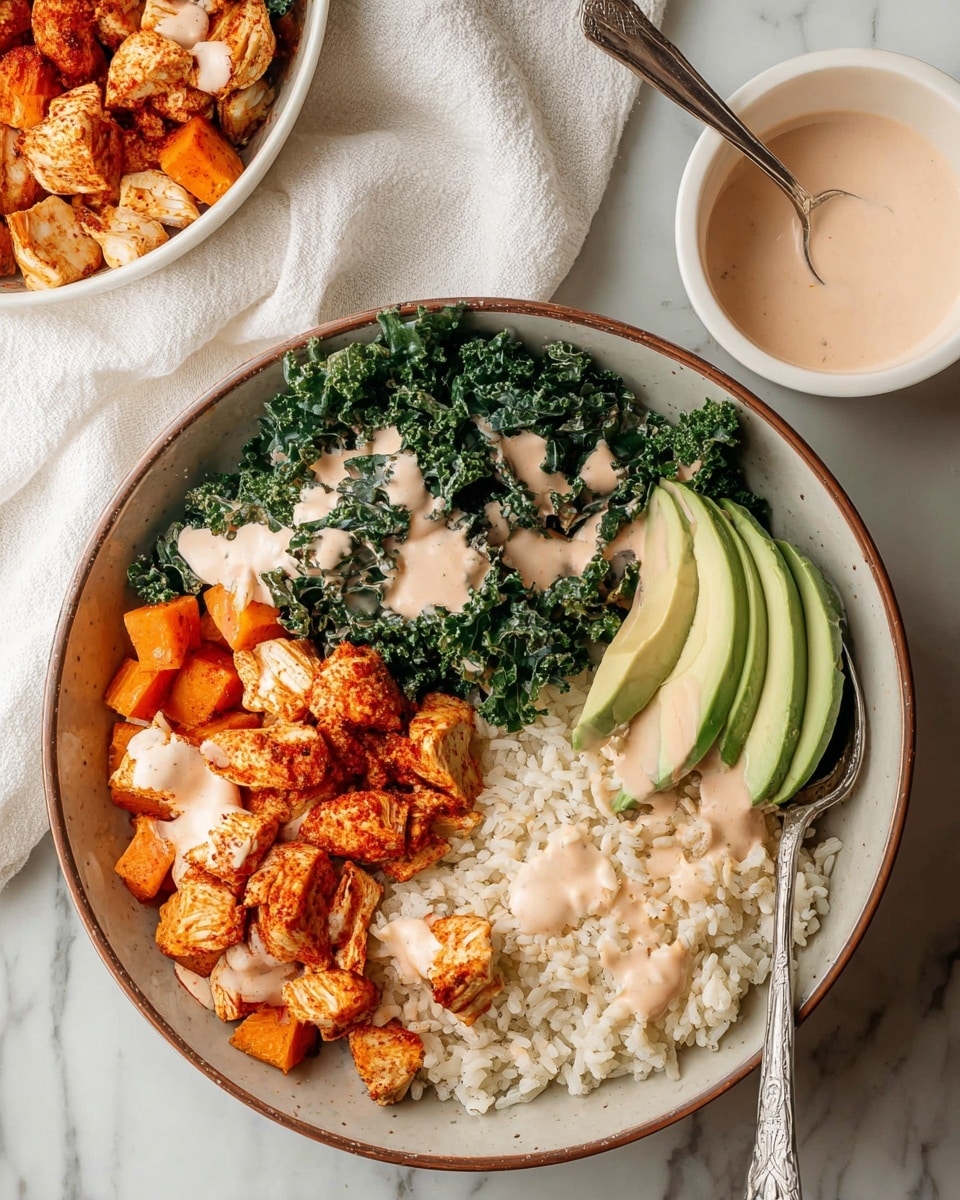 In a white bowl with a brown rim, the dish is divided into four sections: on the left, there are small orange roasted sweet potato cubes and pieces of cooked chicken with a reddish seasoning; next to that is a dark green leafy kale salad drizzled with light pink creamy dressing; to the right of the kale, there are several thin slices of light green avocado arranged in a fan shape; and the last section on the far right is a heap of white rice also topped with the light pink sauce, with a silver spoon resting in the rice holding some sauce. The bowl is placed on a white marbled surface next to a white cloth, and there is a small white bowl filled with the same pink dressing and a silver spoon near the bottom right corner. Photo taken with an iphone --ar 4:5 --v 7