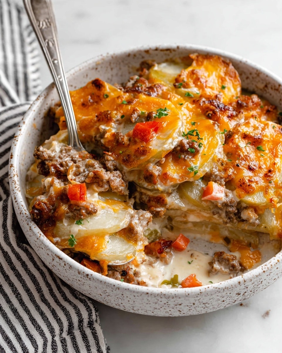 The dish shows a bowl filled with layers of creamy, baked casserole. It has white potato slices as the base, mixed with ground meat cooked to brown and small pieces of diced red and green peppers scattered throughout. The top is covered with melted golden-yellow and orange cheese, slightly browned in spots, with a creamy sauce binding everything together. The bowl is white with a speckled texture, a silver spoon inside showing the creamy cheesy texture and chunky ingredients, all placed on a white marbled surface with a striped cloth nearby. Photo taken with an iphone --ar 4:5 --v 7