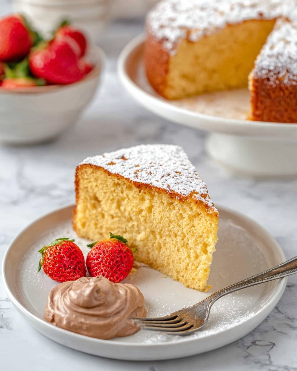 A single slice of golden-yellow cake with a slightly crumbly texture sits on a white plate, topped with a light dusting of white powdered sugar. Next to the cake is a smooth dollop of light brown chocolate cream, garnished with two halved ripe red strawberries with green leaves. A silver fork rests on the edge of the plate, pointing towards the cake slice. In the background, a round cake with a similar dusting of powdered sugar sits on a white cake stand, with more whole strawberries around it. The scene is set on a white marbled surface. photo taken with an iphone --ar 4:5 --v 7