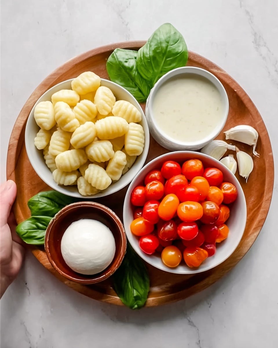 The image shows a round wooden tray on a white marbled surface. On the tray, there are four bowls arranged in a circle. The top right bowl is white and filled with pale yellow gnocchi pieces that have ridged textures. To its lower right is another white bowl full of small bright red and orange cherry tomatoes, smooth and shiny. At the bottom left, a small brown bowl holds a round, smooth white ball of mozzarella cheese. Above that, a small white bowl contains a creamy white liquid. Near the top right edge of the tray outside the bowls, there are a few garlic cloves with papery white skins and three fresh green basil leaves. A woman's hand is partly seen holding the tray from the left side. The colors are fresh and natural, with a mix of creamy whites, bright reds, soft yellows, and deep greens. Photo taken with an iphone --ar 4:5 --v 7
