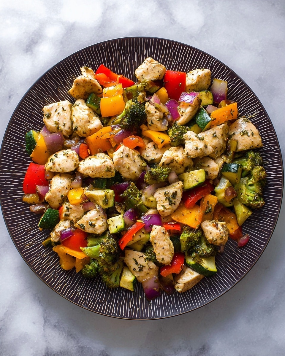 The image shows a single layer of cooked chicken pieces mixed with chopped vegetables on a white plate with a dark brown pattern around the edge. The chicken pieces are light beige with herbs visible on their surface, scattered evenly throughout the plate. Mixed with the chicken are bright pieces of red, yellow, and orange bell peppers, light green chunks of zucchini, roasted green broccoli florets, and small bits of purple onion. The food looks slightly shiny and well-cooked with a variety of colors that make the dish look fresh and healthy. The plate sits on a white marbled surface. Photo taken with an iphone --ar 4:5 --v 7