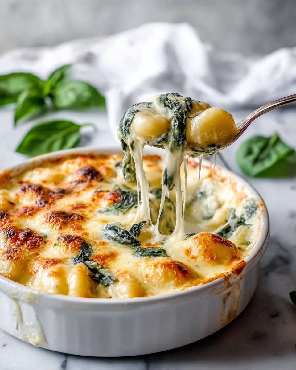 The image shows a white round baking dish filled with baked gnocchi layered with melted creamy cheese and wilted green spinach leaves, the top layer of cheese is golden brown and bubbly. A fork lifts a portion from the dish, showing the melted stretch of cheese over round, soft gnocchi and dark green spinach pieces. The dish sits on a white marbled surface with blurred green basil leaves in the background and a white cloth nearby. Photo taken with an iphone --ar 4:5 --v 7