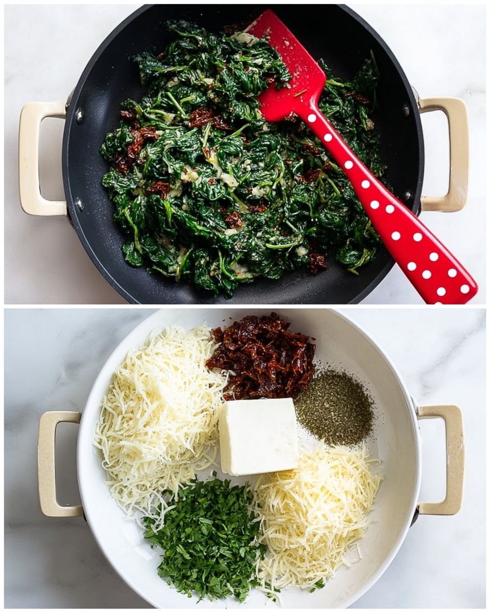 The first part shows a black pan with beige handles on a white marbled surface, containing cooked spinach with a bright red spatula that has white polka dots resting on the spinach. The second part shows a white bowl on a white marbled surface, filled with separate piles of ingredients: shredded white cheese at the top left, dark reddish sun-dried tomatoes at the top right, sautéed green spinach at the center right, a square block of white cream cheese slightly left center, and a pile of grated light yellow parmesan cheese at the bottom right, with dried herbs sprinkled over some parts of the ingredients. photo taken with an iphone --ar 4:5 --v 7