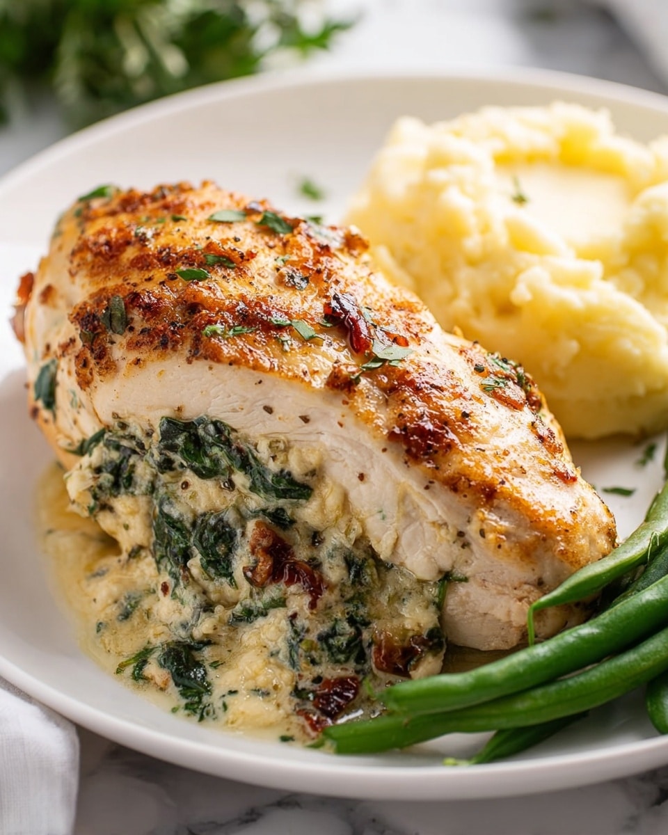 A white plate holds a golden brown grilled stuffed chicken breast as the main focus; the chicken is cut open, showing a creamy filling with green spinach and bits of dark red sun-dried tomatoes, with a slightly browned and textured top layer. To the upper right of the chicken, there is a scoop of light yellow mashed potatoes with a smooth and creamy texture. To the lower right of the plate, a few fresh green beans with a glossy surface are placed, adding a fresh green color. The plate is set on a white marbled surface, and some blurred green herbs are visible in the background. Photo taken with an iphone --ar 4:5 --v 7