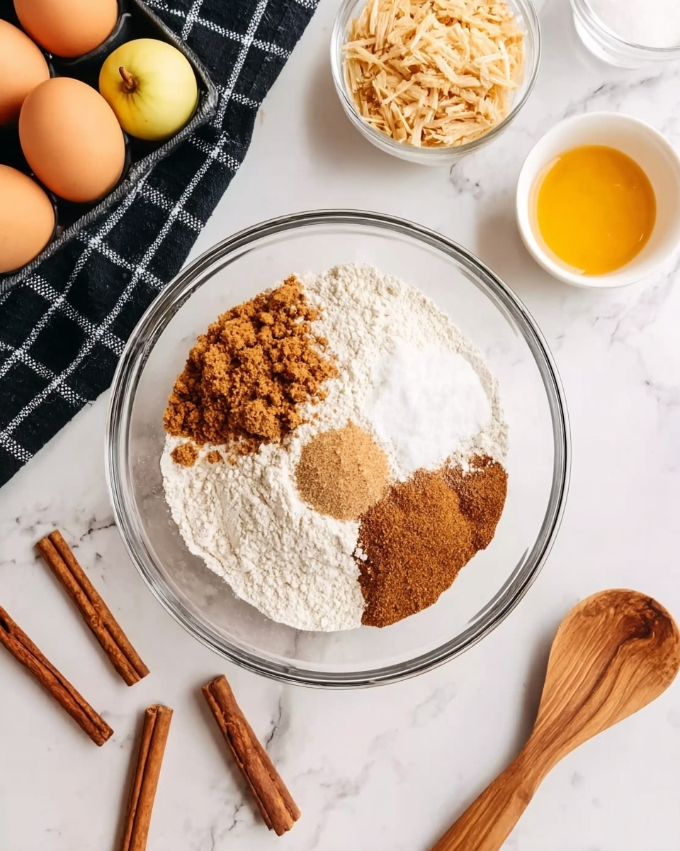 A clear glass bowl sits on a white marbled surface filled with three dry ingredients layered side by side: white flour with a soft powder texture, light brown sugar with a crumbly texture, and a smooth cinnamon spice with a rich brown color. Around the bowl, there is a wooden spoon on the right, three cinnamon sticks placed near the bottom and to the left. Above the bowl, a small white bowl with golden yellow liquid, another white bowl filled with light tan shredded apple pieces, and two whole brown eggs rest on the surface. A woman's hand holds half a yellow apple above a folded black and white checkered cloth on the left side. Photo taken with an iphone --ar 4:5 --v 7