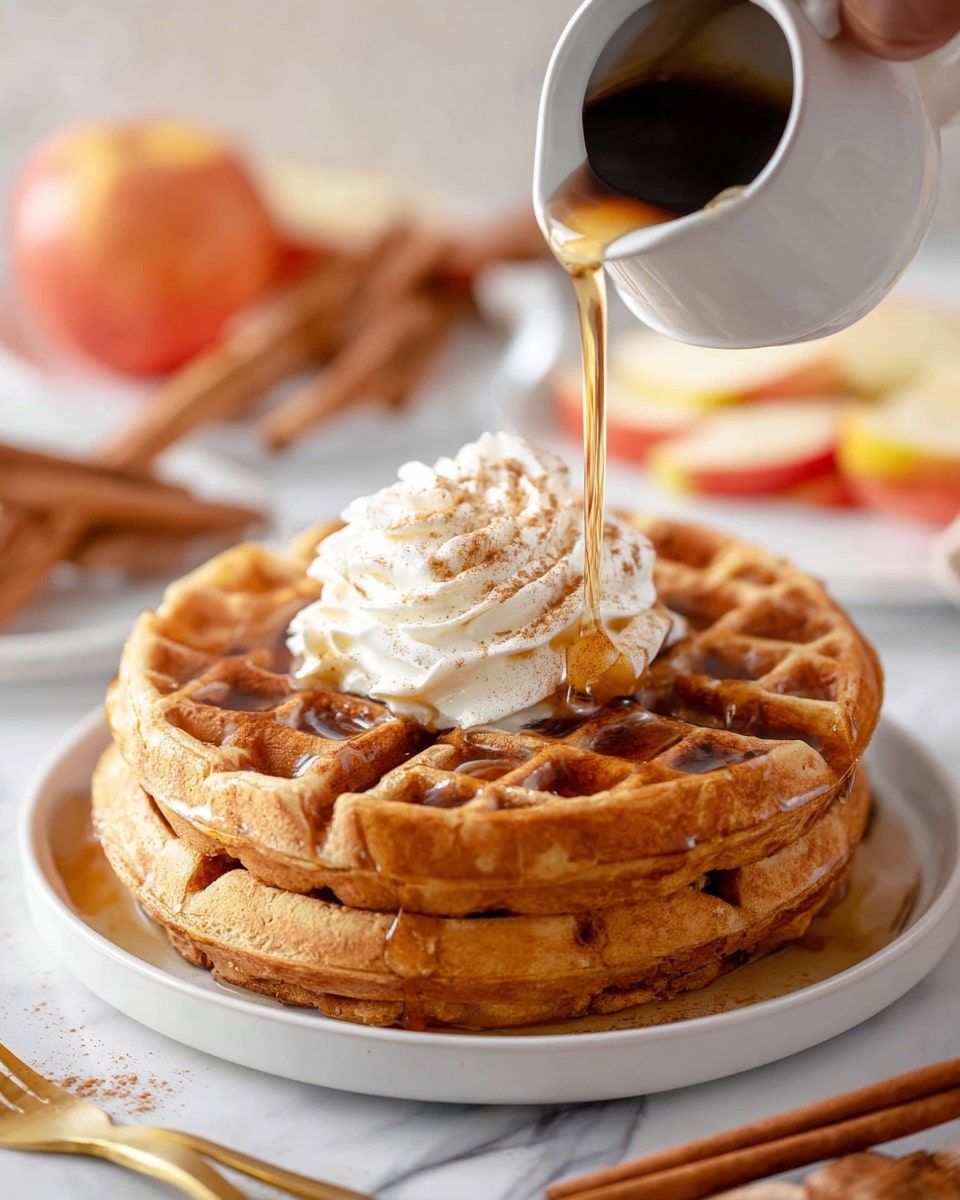A stack of four thick, round waffles with a golden-brown color sits on a white plate on a white marbled surface. On top of the waffles, there is a swirl of whipped cream sprinkled lightly with cinnamon or spice. A small white pitcher held by a woman's hand pours amber syrup down onto the whipped cream, some syrup pooling into the waffle's pockets. In the blurred background, cinnamon sticks and slices of red and yellow apples are visible, along with gold forks placed on the white marbled surface. Photo taken with an iphone --ar 4:5 --v 7