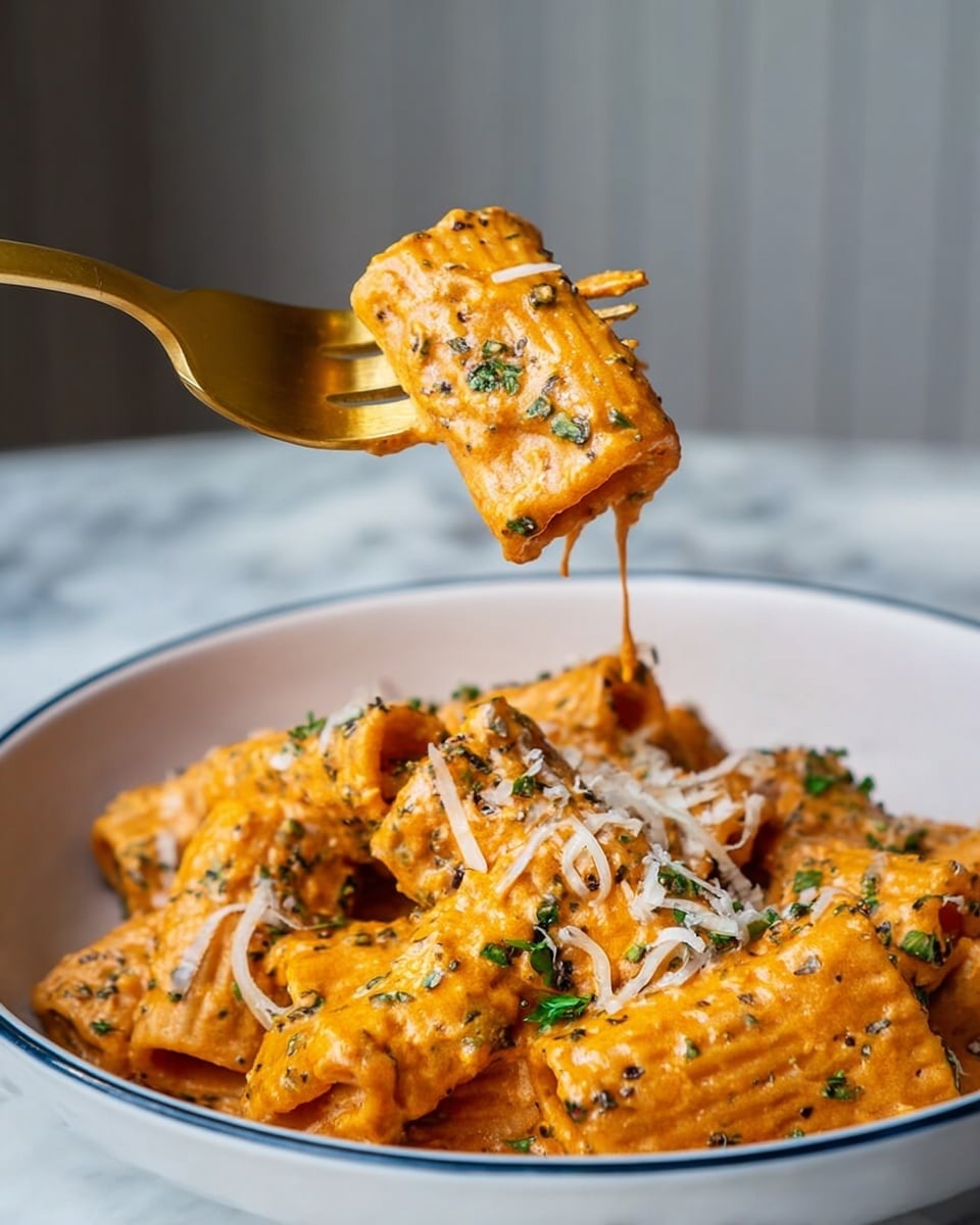 A close-up of rigatoni pasta coated in a thick, creamy orange sauce flecked with green herbs and small bits of seasoning, with a few pieces garnished with finely shredded white cheese on top; the rigatoni sits in a wide, round white bowl with a thin blue line around the rim placed on a white marbled surface; a golden fork is lifting several pieces of the pasta above the bowl, showing the sauce clinging to the rigatoni’s ridged texture, with a softly blurred light gray background behind. photo taken with an iphone --ar 4:5 --v 7
