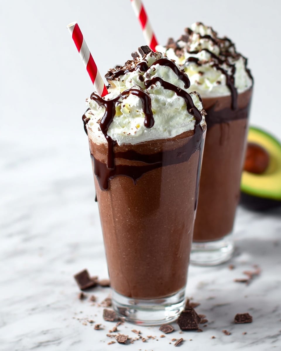Two tall clear glasses filled with thick, dark brown chocolate smoothie stand on a white marbled surface. Each glass has a layer of fluffy white whipped cream piled high on top, drizzled with dark chocolate sauce that flows down the cream. Small chocolate chunks are sprinkled over the whipped cream and around the base of the glasses. Both glasses have red and white striped paper straws inserted near the whipped cream, adding a splash of color. In the background, a halved avocado with its seed is visible, slightly blurred. Photo taken with an iphone --ar 4:5 --v 7