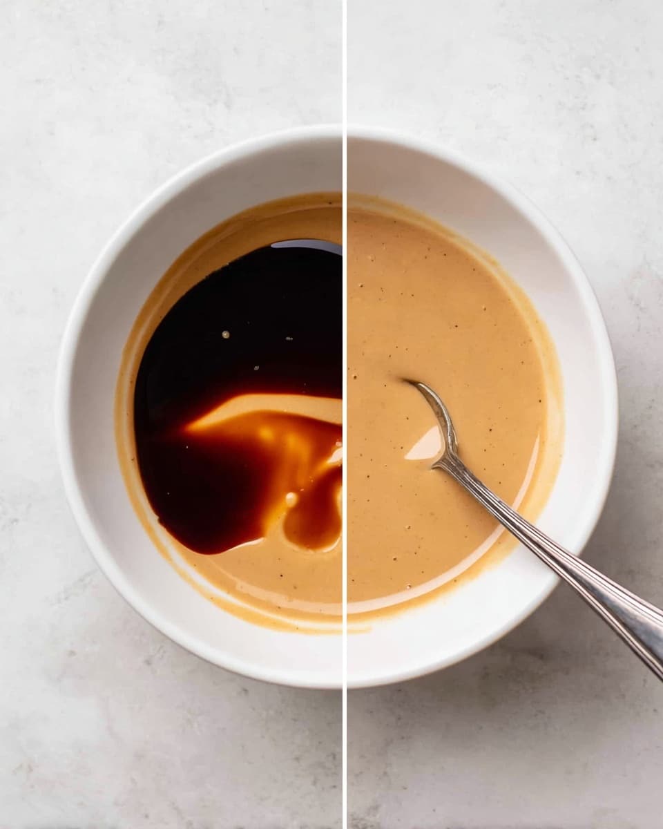 The image shows a white bowl with smooth, light brown sauce inside, sitting on a white marbled surface. The left side of the image captures the sauce with a pool of dark brown liquid on top, creating a striking contrast against the lighter base. On the right side, the dark liquid is fully mixed into the sauce, forming a uniform creamy texture of warm beige color. A silver spoon rests inside the bowl, partially immersed in the sauce. The overall look is clean and simple, with soft shadows enhancing the shape of the bowl and the surface of the sauce. photo taken with an iphone --ar 4:5 --v 7