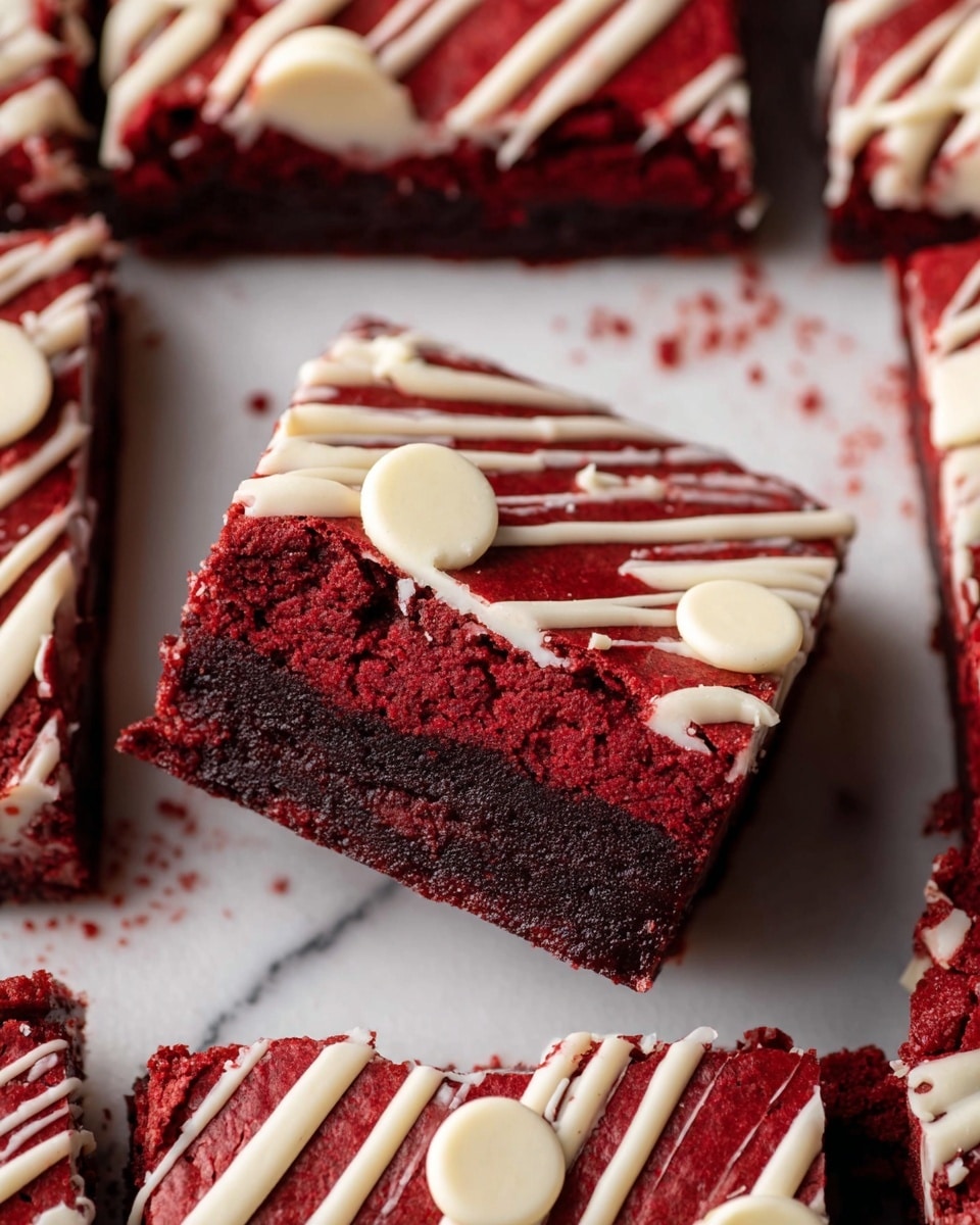 This image shows a close-up of several square red velvet brownies on a white marbled surface, with one piece slightly lifted to show its two layers: a dense, dark red inner brownie layer topped by a thinner, cracked red frosting layer. The top is decorated with uneven white chocolate drizzles in both thin lines and a larger dollop on the side. Scattered white chocolate discs add extra detail on the surface. The brownies have a rich, moist texture visible from the exposed side. photo taken with an iphone --ar 4:5 --v 7
