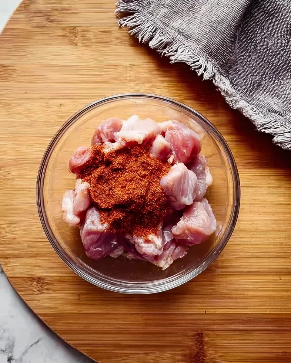 A clear glass bowl sits in the middle of a wooden surface, filled with raw pink chicken pieces. On top of the chicken, there is a pile of reddish-brown spice powder for seasoning. To the upper right corner of the wooden surface, a folded gray cloth with slightly frayed edges rests casually. The background has been replaced with a white marbled texture. photo taken with an iphone --ar 4:5 --v 7