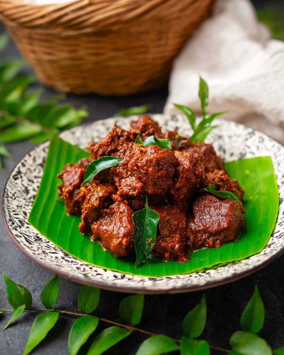 The image shows a white plate with black patterns, lined with two bright green banana leaves. On top, there is a pile of rich dark brown meat chunks coated in thick textured sauce. Small green curry leaves are scattered on the meat and around the plate. The plate is placed on a dark surface with some more green leaves around it, and there is a wicker basket with white cloth blurred in the background. Photo taken with an iphone --ar 4:5 --v 7