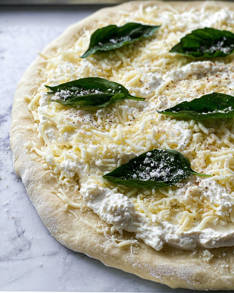 A close-up of an uncooked pizza on a rough dough base that is light beige and slightly puffy around the edges. The pizza is topped with a thick layer of shredded white cheese that covers almost the whole surface, with uneven patches of creamy white ricotta cheese spread on top. There are several fresh dark green basil leaves arranged on the cheese, some sprinkled with tiny white cheese granules. The pizza rests on a baking tray, and the background is a white marbled texture. photo taken with an iphone --ar 4:5 --v 7