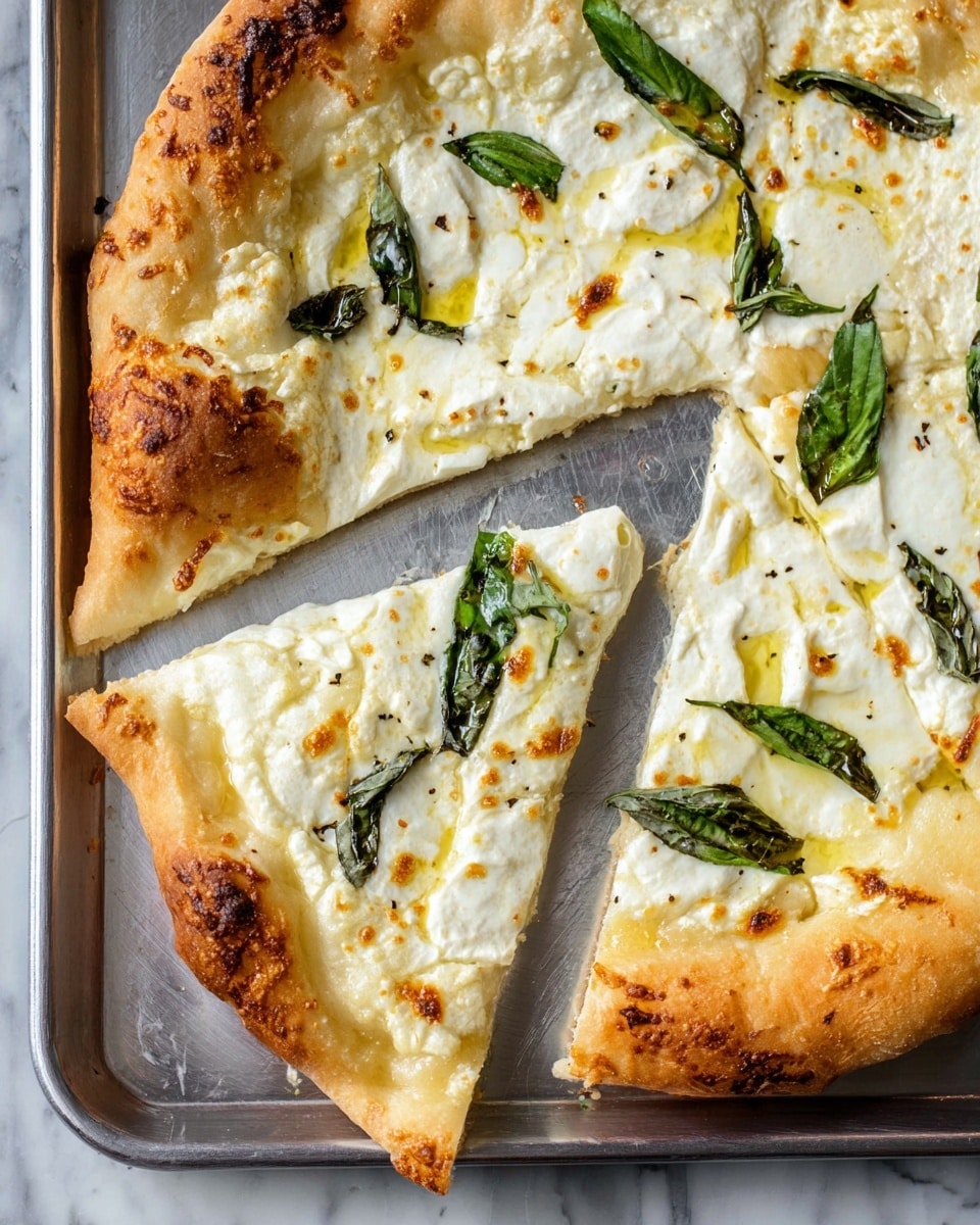 The image shows a white crust pizza with one slice pulled out partly, sitting on a metal tray. The pizza has four main layers visible: the thick, golden-brown crust on the edges with a soft texture inside; a creamy white cheese layer melted unevenly across the surface; fresh, glossy green basil leaves scattered on top; and a light drizzle of oil adding a shiny finish. The slices are cut unevenly, and the cheese looks soft and slightly browned in some areas. The background is a white marbled surface. Photo taken with an iphone --ar 4:5 --v 7