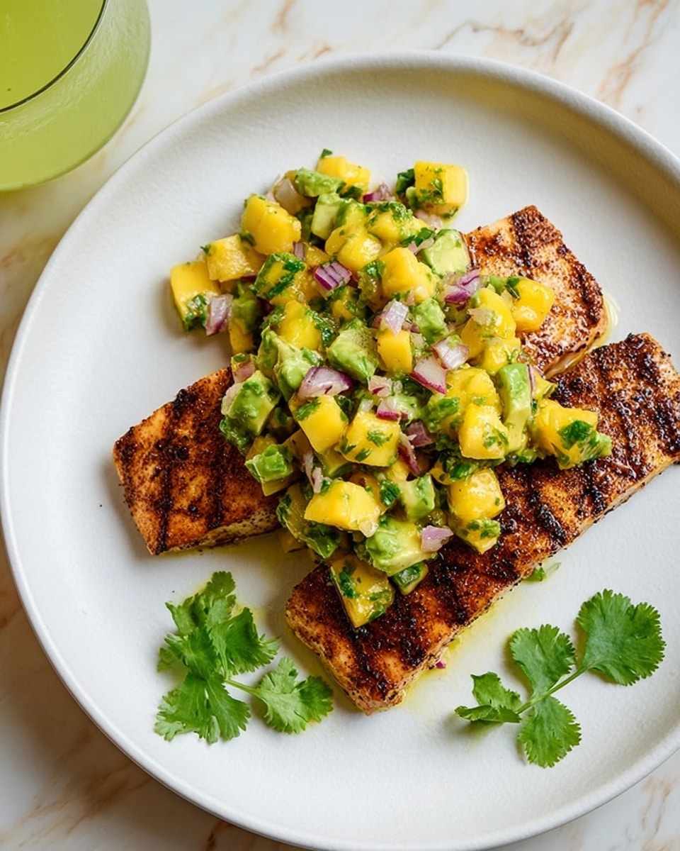 The dish shows two rectangular pieces of grilled fish with brown char marks, placed side by side on a white plate. On top of these fish pieces, there is a chunky salsa made of yellow mango, green avocado, red onion, and some green herbs, all mixed together giving a fresh and colorful look. A few sprigs of fresh green cilantro lie on the edge of the plate. The plate sits on a white marbled surface, and there is a glass of a light green drink in the top left corner of the image. Photo taken with an iphone --ar 4:5 --v 7