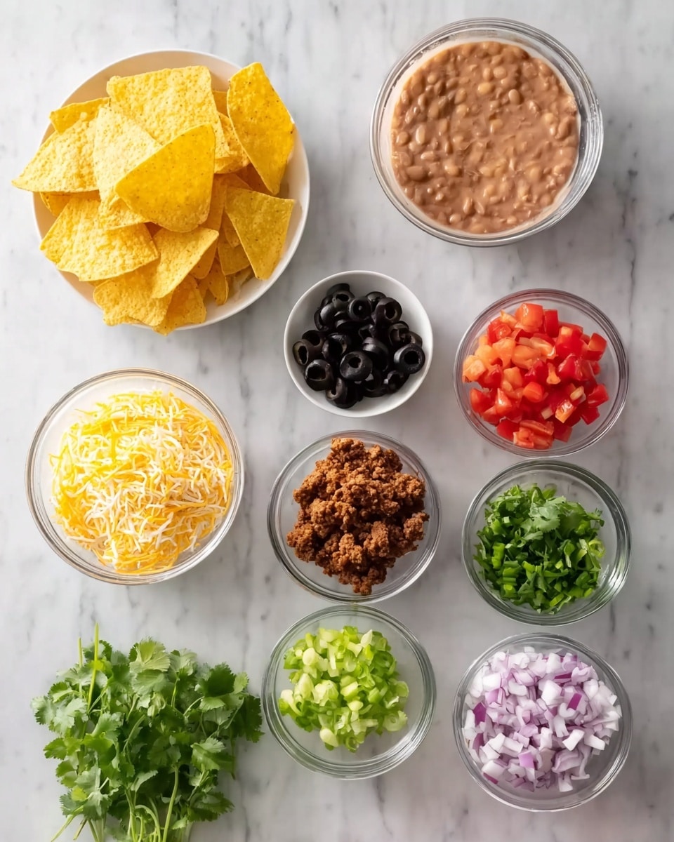 The image shows a white plate filled with yellow corn tortilla chips placed at the top left. To the right of the plate, there is a white bowl with light brown refried beans. Below the beans, a small clear glass bowl holds black sliced olives. To the left of the olives, a small glass bowl contains dark brown cooked ground meat. Below the meat, a small bowl is filled with bright green chopped scallions. Next to the scallions, a bowl shows a mix of diced red and green bell peppers. Below the peppers, a bunch of fresh cilantro leaves rest on the white marbled surface. To the left, a bowl with a mix of shredded yellow and white cheese is present. Below it, a small bowl holds finely chopped red onions, and next to the onions, there is a bowl filled with diced red tomatoes. All bowls are made of clear glass and sit on a white marbled textured surface. Photo taken with an iphone --ar 4:5 --v 7