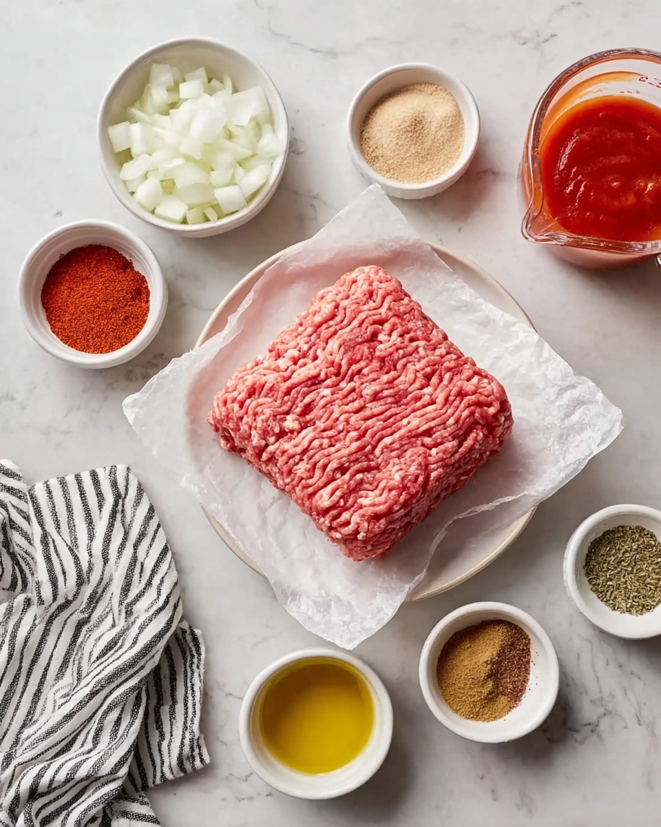 A square block of raw ground meat with a pink and white marbled texture sits on a piece of parchment paper in the middle of a white plate. Around the plate, there are seven small white bowls and dishes each holding different ingredients: diced white onions, red chili powder, a beige powder, ground brown spice, salt, dried herbs, golden olive oil, and red tomato sauce in a clear measuring cup. A kitchen towel with black stripes lies near the tomatoes, and the background has a white marbled texture. photo taken with an iphone --ar 4:5 --v 7
