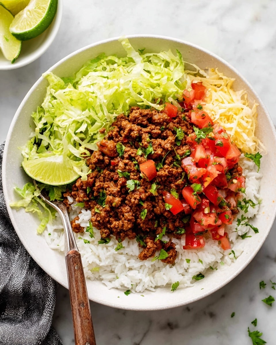 A white bowl filled with layers of food sits on a white marbled surface; the bottom layer is white rice covering most of the bowl, topped with shredded green lettuce on one side and shredded pale yellow cheese on the other side. In the center is a mound of rich, brown cooked ground meat mixed with small pieces of onion, garnished with chopped red tomatoes and finely chopped green herbs scattered on top. A lime wedge rests on the edge of the bowl near the cheese and tomatoes. A silver spoon with a wooden handle is placed inside the bowl on the left side. In the background, there is a white bowl with lime and lemon slices. photo taken with an iphone --ar 4:5 --v 7