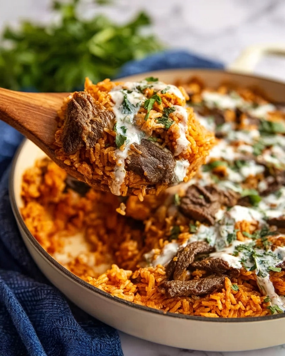 The image shows a close-up of a wooden spoon lifting a portion of a dish from a white pan. The dish has three visible layers: the bottom layer is orange-red cooked rice with a slightly moist texture, the middle layer consists of sliced brown meat pieces scattered unevenly, and the top layer is a light drizzle of white sauce with green herb bits sprinkled on top. The pan is placed on a white marbled surface next to a blue cloth napkin, with green leafy herbs slightly blurred in the background. Photo taken with an iphone --ar 4:5 --v 7