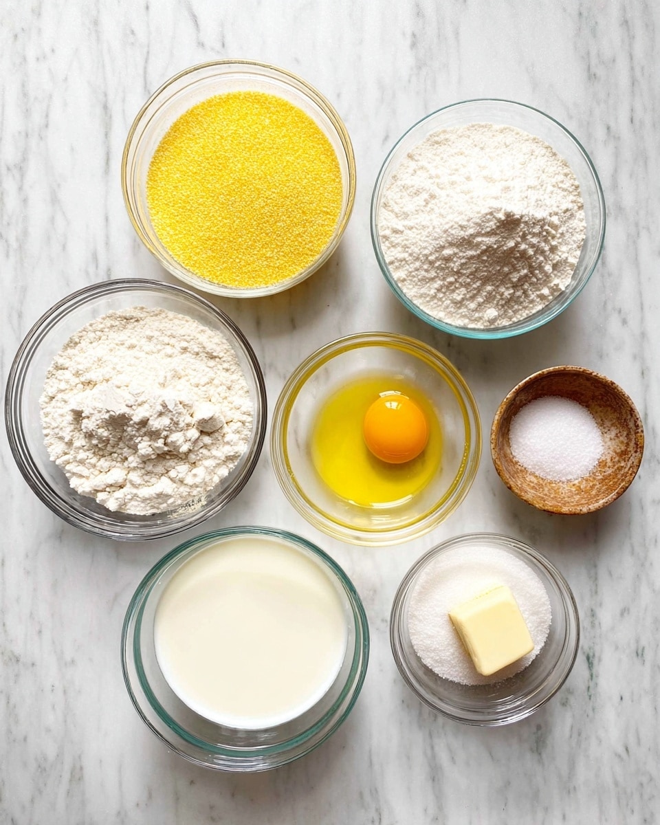 The image shows eight clear glass bowls arranged on a white marbled surface, each with different ingredients for baking. The center right bowl contains a whole raw egg with a bright yellow yolk and clear egg white. Next to it on the bottom right is a smaller bowl with dry yeast, light brown in color. Below the egg is a larger bowl filled with milk, smooth and white. Near the bottom center is a bowl of melted butter, yellow with a glossy texture. To the left of the butter is a bowl with cornmeal, a grainy bright yellow powder. Above the cornmeal is the largest bowl, filled with white flour with a soft, powdery texture. Above the flour to the right is a bowl of white sugar, crystalline and fine. The smallest bowl on the upper left contains salt, white and granular. The bowls are tightly grouped on the white marbled background. Photo taken with an iphone --ar 4:5 --v 7