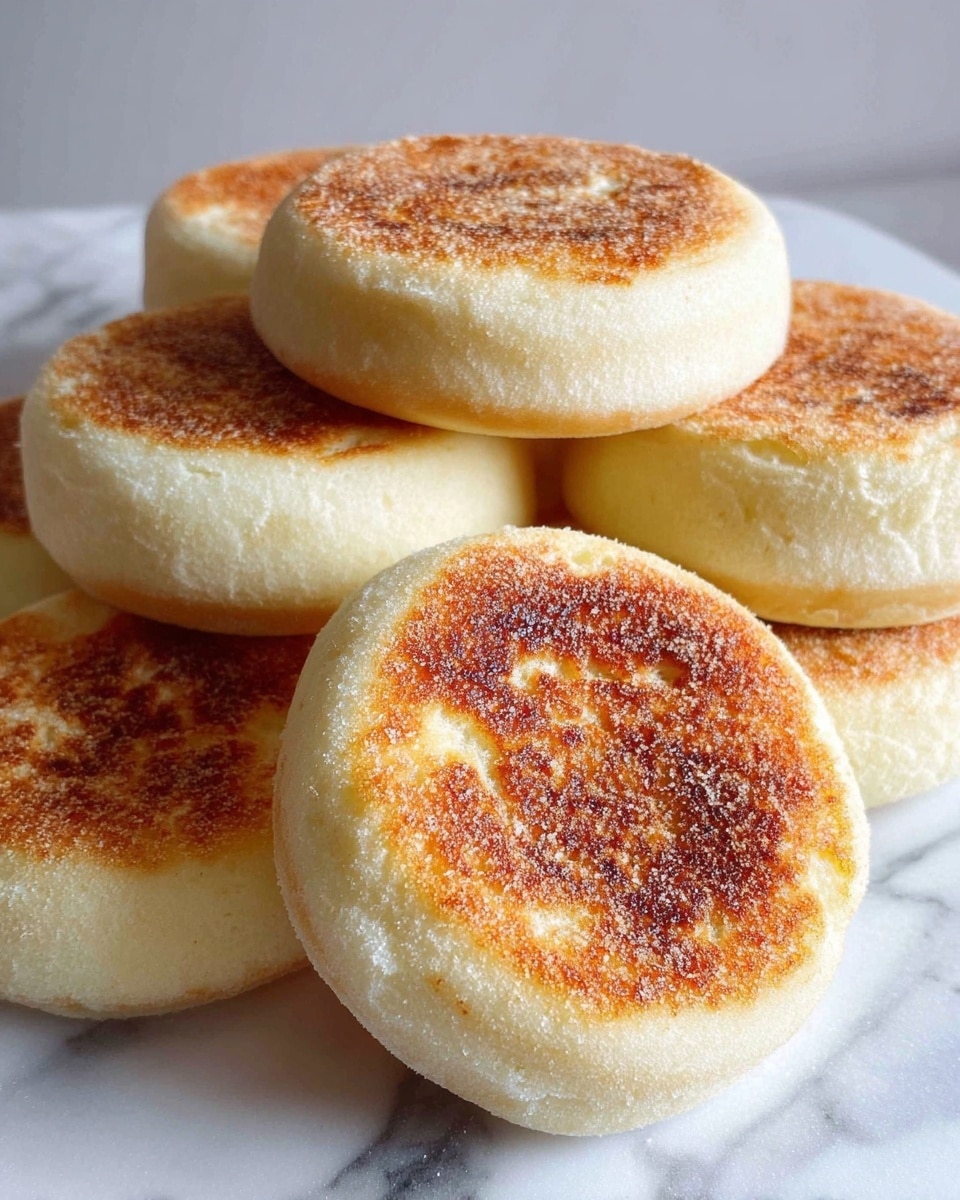 A close-up view of a stack of round English muffins on a white marbled surface. Each muffin has two layers: the bottom and sides are smooth and light cream-colored, while the top layer is golden-brown with a slightly rough texture and sprinkled with cornmeal. The muffins are piled casually, showing their thickness and soft texture. Photo taken with an iphone --ar 4:5 --v 7