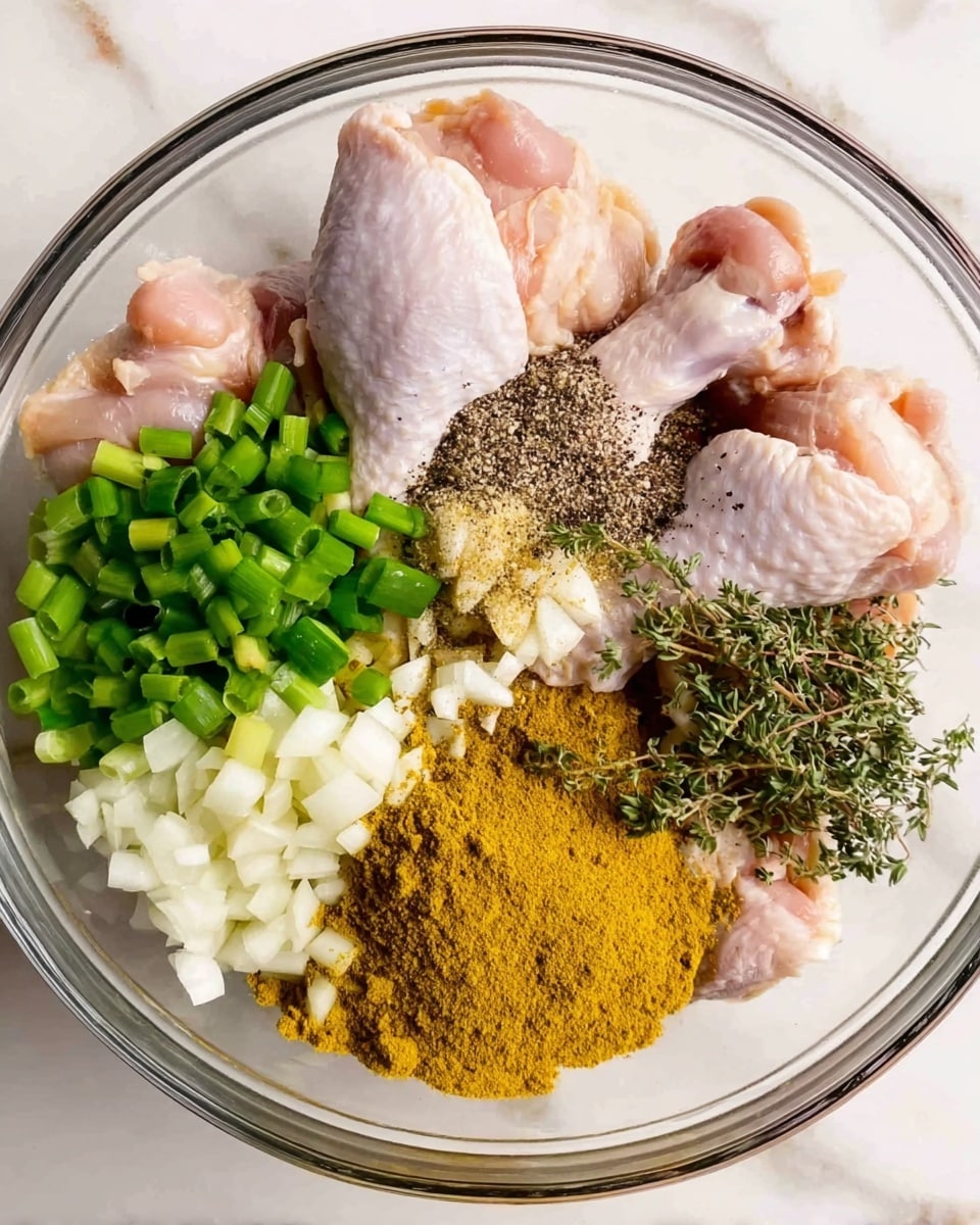 A clear glass bowl sits on a white marbled surface, filled with raw chicken drumsticks and various ingredients arranged in distinct sections. The chicken pieces are light pink, topped with coarse black pepper and salt. Chopped green onions form a bright green cluster next to the chicken. Minced garlic appears in two separate piles, one small and white, the other larger and yellowish. There are small white onion pieces dotted around along with fresh thyme sprigs. A large pile of golden yellow curry powder is placed on one side of the bowl, creating a strong color contrast with the other ingredients. The photo taken with an iphone --ar 4:5 --v 7