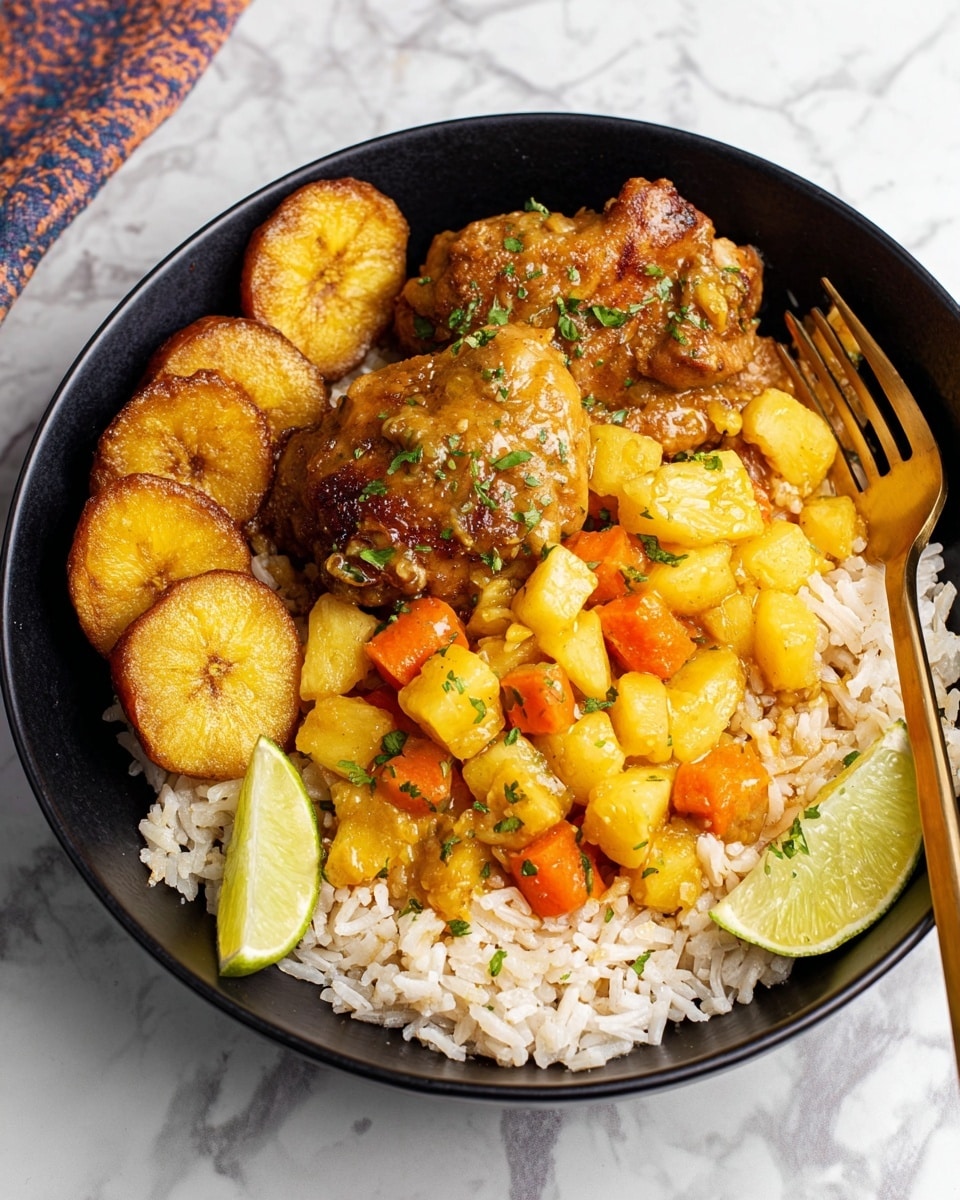 A black bowl filled with three main layers: the first layer is fluffy white rice at the bottom, topped with a mixture of diced yellow pineapple and orange carrot slices in a light sauce, scattered evenly across the rice. On top of that, there are two brownish golden cooked pieces of chicken with a slightly glossy texture, garnished with small green herbs. On the left side of the bowl, several golden-brown fried plantains sit, showing a crispy exterior. Two lime wedges, bright green with pale inner flesh, rest at the edge of the bowl. A gold-colored fork is placed on the right side of the bowl. The bowl is set on a white marbled surface. photo taken with an iphone --ar 4:5 --v 7