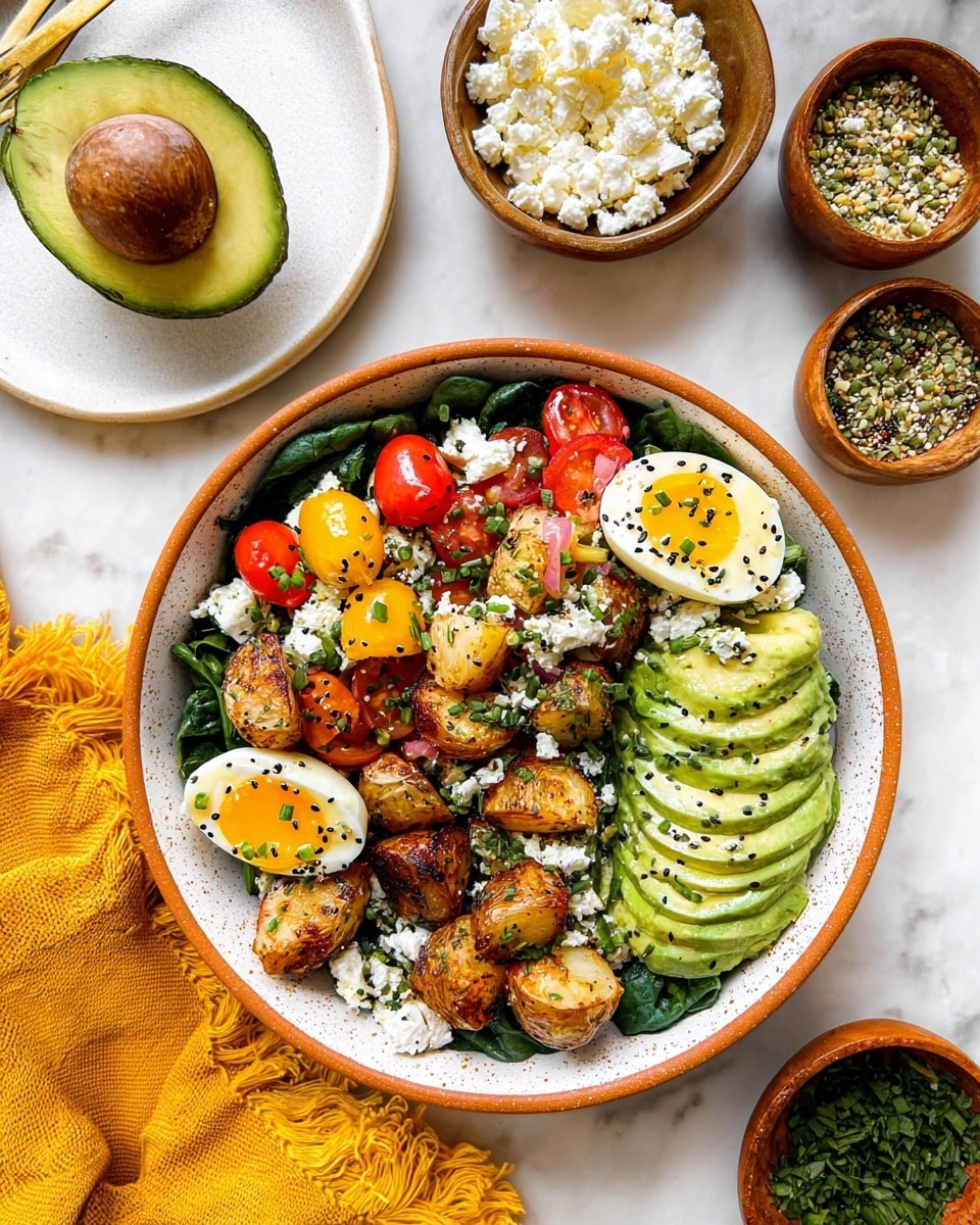 A white speckled bowl with a brown rim contains a colorful salad arranged in layers: bottom layer of chopped spinach, next layers with golden roasted potato chunks, red and yellow cherry tomato halves, bright green sliced avocado fan, sprinkled white crumbled cheese, and halved soft-boiled eggs with golden yolks topped with black and white seeds and small green chives. Around the bowl on a white marbled surface, there is a white plate holding an avocado half with its brown seed, a small brown bowl filled with crumbled white cheese, and small round bowls with green herbs and seed mix. A yellow fringed cloth adds a warm tone on the lower corner. Photo taken with an iphone --ar 4:5 --v 7
