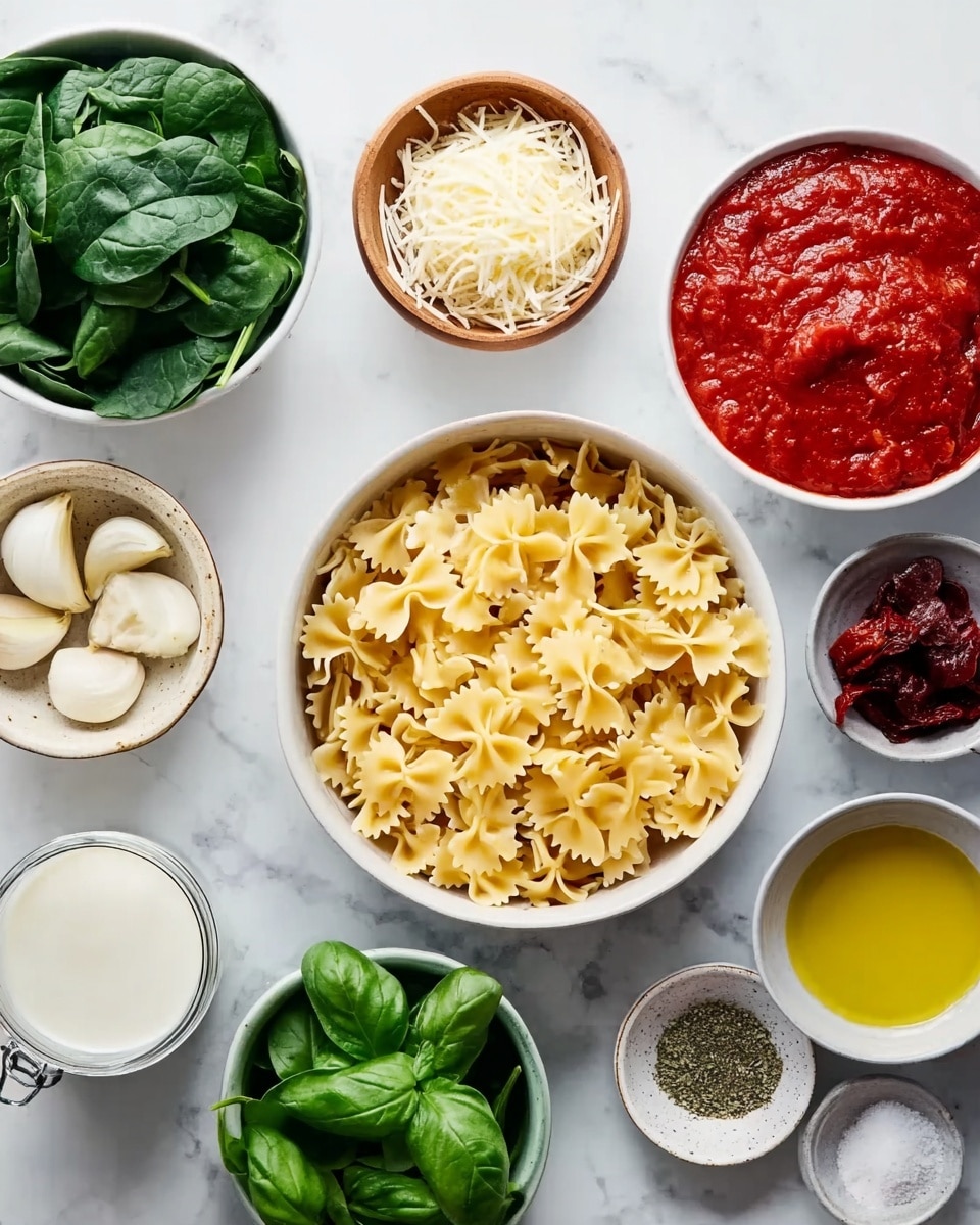 The image shows several small bowls arranged on a white marbled surface, each holding different pasta ingredients. In the center, a white bowl filled with dry farfalle pasta has a pale yellow color with a matte texture. Around it, to the left is a white bowl with fresh green spinach leaves that have a slightly shiny surface. Next to the spinach bowl is a glass jar with creamy white heavy cream. Above the pasta, a wooden bowl holds finely grated white Parmesan cheese. To the right of the Parmesan, a small beige bowl contains sliced garlic cloves with a smooth, pale texture. A bright green bowl holds whole fresh basil leaves with a waxy and vibrant look. On the far right, a white bowl contains thick, smooth, bright red tomato sauce with a rich texture. Below the tomato sauce and to the left, a small white bowl has golden yellow olive oil with a glossy surface. Next to it, a tiny white bowl contains coarse salt with a crystalline texture. Above the salt, a small white bowl holds dried oregano with a greenish-brown fine texture, and near it, a small white bowl contains dark red sun-dried tomato strips with a slightly wrinkled appearance. photo taken with an iphone --ar 4:5 --v 7