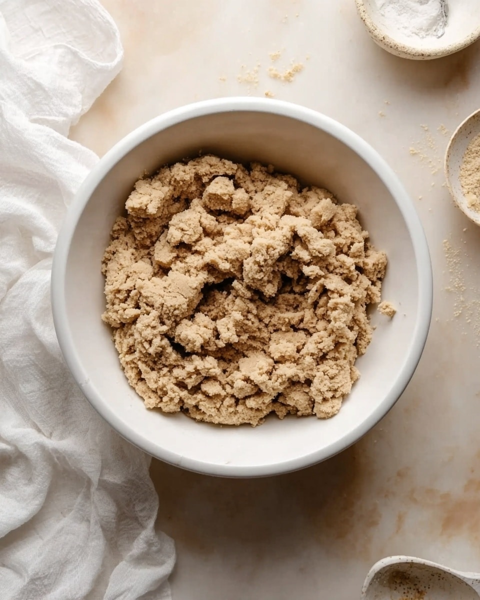 A white bowl filled with crumbly, light brown dough sits on a white marbled surface. The dough has uneven, chunky pieces with a rough texture. Around the bowl, there are small dishes and a white cloth with soft folds, adding simple kitchen detail. The color palette is mainly neutral with warm, beige tones around the bowl and dough. Photo taken with an iphone --ar 4:5 --v 7