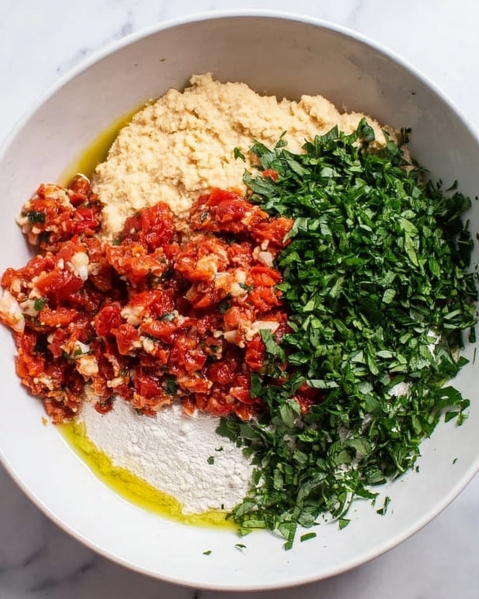 A white bowl sits on a white marbled surface filled with layers of ingredients arranged side by side without mixing. One layer is a light beige, mashed texture taking up about a quarter of the bowl. Next to it is a bright red, chunky tomato mixture with visible pieces of tomato and garlic. Beside that is a vibrant green pile of chopped leafy herbs covering another quarter of the bowl. The remaining space is filled with a fine white powder, likely flour, slightly spilling onto the sides of the bowl. Around the ingredients, there is a small pool of yellow oil pooling at the bottom edges of the bowl. Photo taken with an iphone --ar 4:5 --v 7