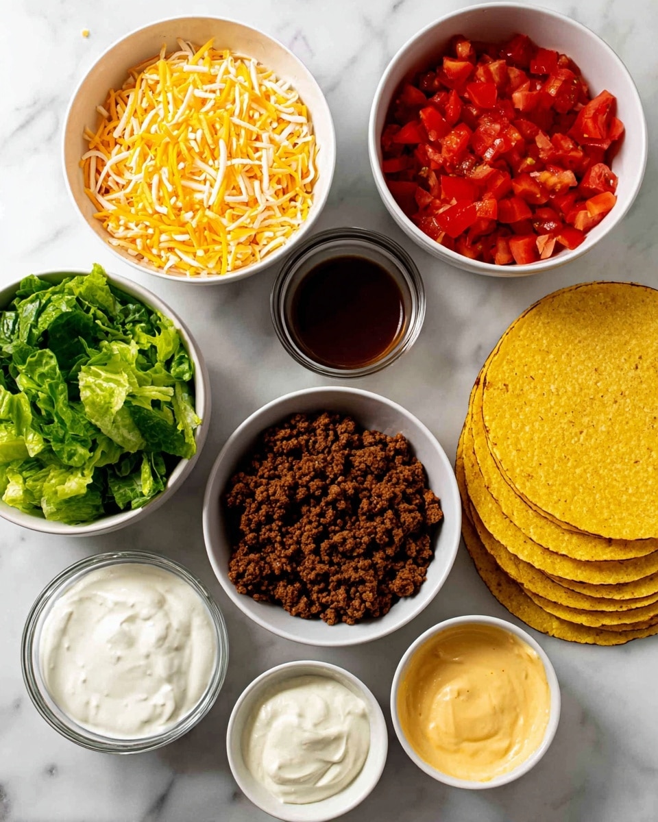 Seven white bowls and a stack of tortillas and taco shells are arranged on a white marbled surface. Starting from the top left, the first bowl is filled with shredded yellow and white cheese, showing two colors in thin strips. To its right, a bowl holds chopped red tomatoes, with small pieces nicely cut. Next to it, a small bowl of dark brown sauce sits alone. Below, a large bowl of cooked brown ground beef with a crumbly texture is present. On the left, a bowl contains fresh bright green lettuce leaves torn into pieces. Below that, a bowl of smooth white sour cream is visible, and next to it, a bowl filled with creamy yellow cheese sauce with a few small lumps. In the bottom right corner, a pile of yellow corn taco shells on top of soft white flour tortillas is stacked. All bowls are round with a clean, white look. Photo taken with an iphone --ar 4:5 --v 7
