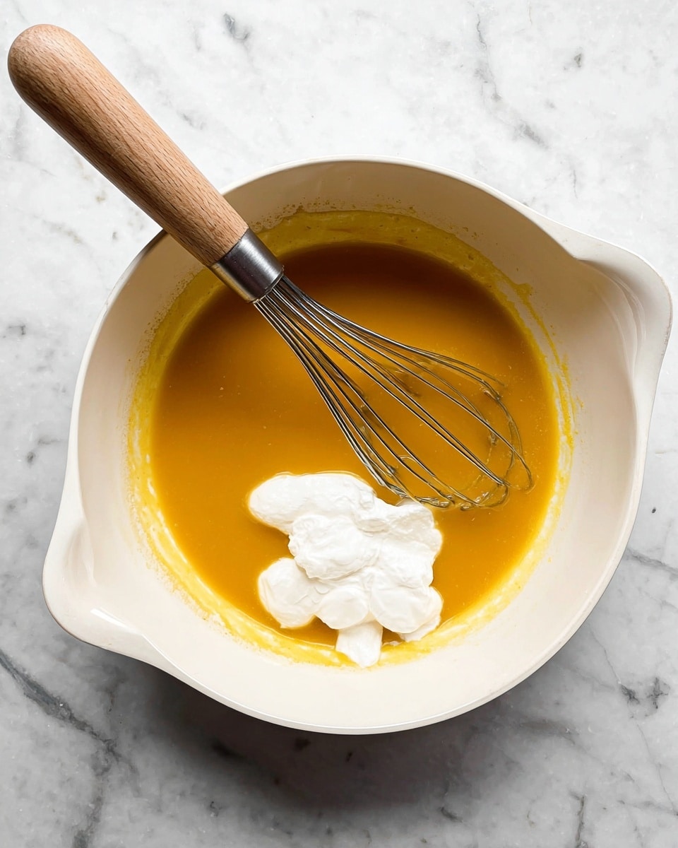 A white bowl with a light wooden handle sits on a white marble surface. Inside the bowl, there is a smooth, shiny orange-yellow sauce filling most of the space. On one side of the sauce, there are three dollops of thick, soft white cream resting gently on top. A metal whisk with a shiny handle is placed inside the bowl, partially submerged in the sauce, ready to mix the contents. The edges of the bowl show a bit of sauce residue. photo taken with an iphone --ar 4:5 --v 7