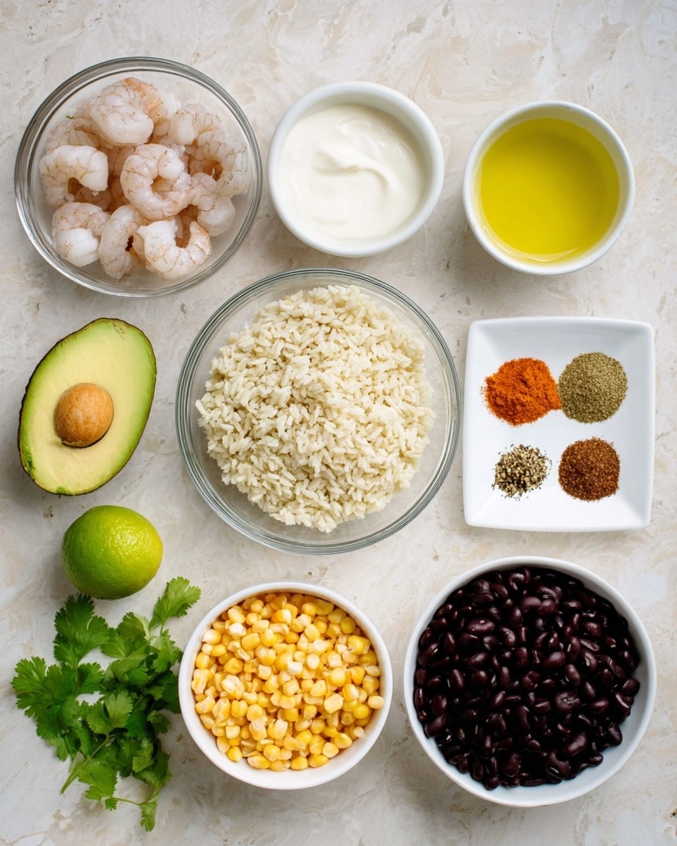 The image shows multiple clear and white bowls arranged on a white marbled background. In the center, there is a clear bowl filled with cooked rice. To the left of the rice, there is a white bowl with raw shrimp, and above it, a clear bowl with sour cream. Next to the sour cream, there is a white bowl with yellow liquid, likely oil or juice. Above the rice, there is a halved avocado with a green outer peel and a green lime next to it. To the right of the rice, there is a white plate with five small piles of spices in different colors: black pepper, brown, white, orange-brown, and reddish. Below that are two small white bowls, one filled with yellow corn kernels and the other with black beans. Some green cilantro leaves are placed near the bottom-left corner. Photo taken with an iphone --ar 4:5 --v 7