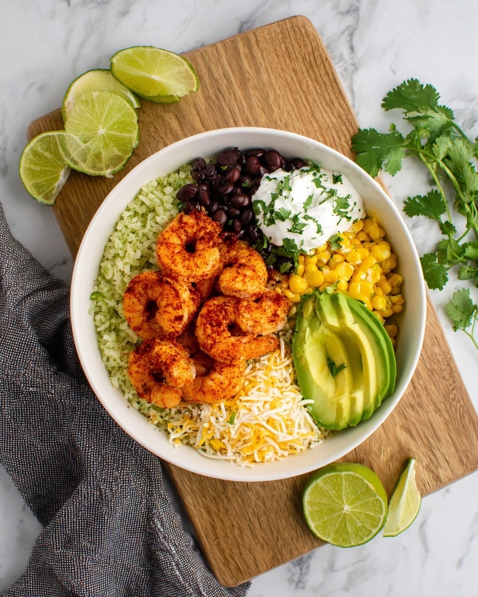 A white bowl filled with a colorful shrimp bowl on a white marbled surface. The base layer is green-tinted rice covering the whole bowl. On top, there are five bright orange shrimp arranged in a cluster seasoned with red spices. To the right of the shrimp, there are black beans forming a small mound. Above the beans sits a small dollop of white sour cream with green cilantro sprinkled over it. Next to it is a section of bright yellow corn kernels. On the far right side, there are several slices of light green avocado fanned out. Below the avocado, there is a small serving of shredded white and orange cheese. On top of the rice near the shrimp, three lime wedges with a green outer skin sit as garnish. The bowl rests on a wooden board partially covered by a folded gray cloth. Three lime slices and a few sprigs of green cilantro are placed on the board and surface nearby. Photo taken with an iphone --ar 4:5 --v 7