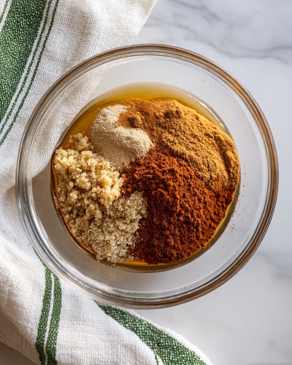 A clear glass bowl holds several unmixed ingredients, layered close together. At the bottom, there is a thick, light golden syrup layer. On one side sits a grainy, pale beige clump, next to a powdery layer of bright orange-brown cinnamon spread over part of the bowl. Another brown layer with a softer texture fills the area beside the cinnamon. A white towel with green stripes is draped near the edge on a white marbled surface. Photo taken with an iphone --ar 4:5 --v 7