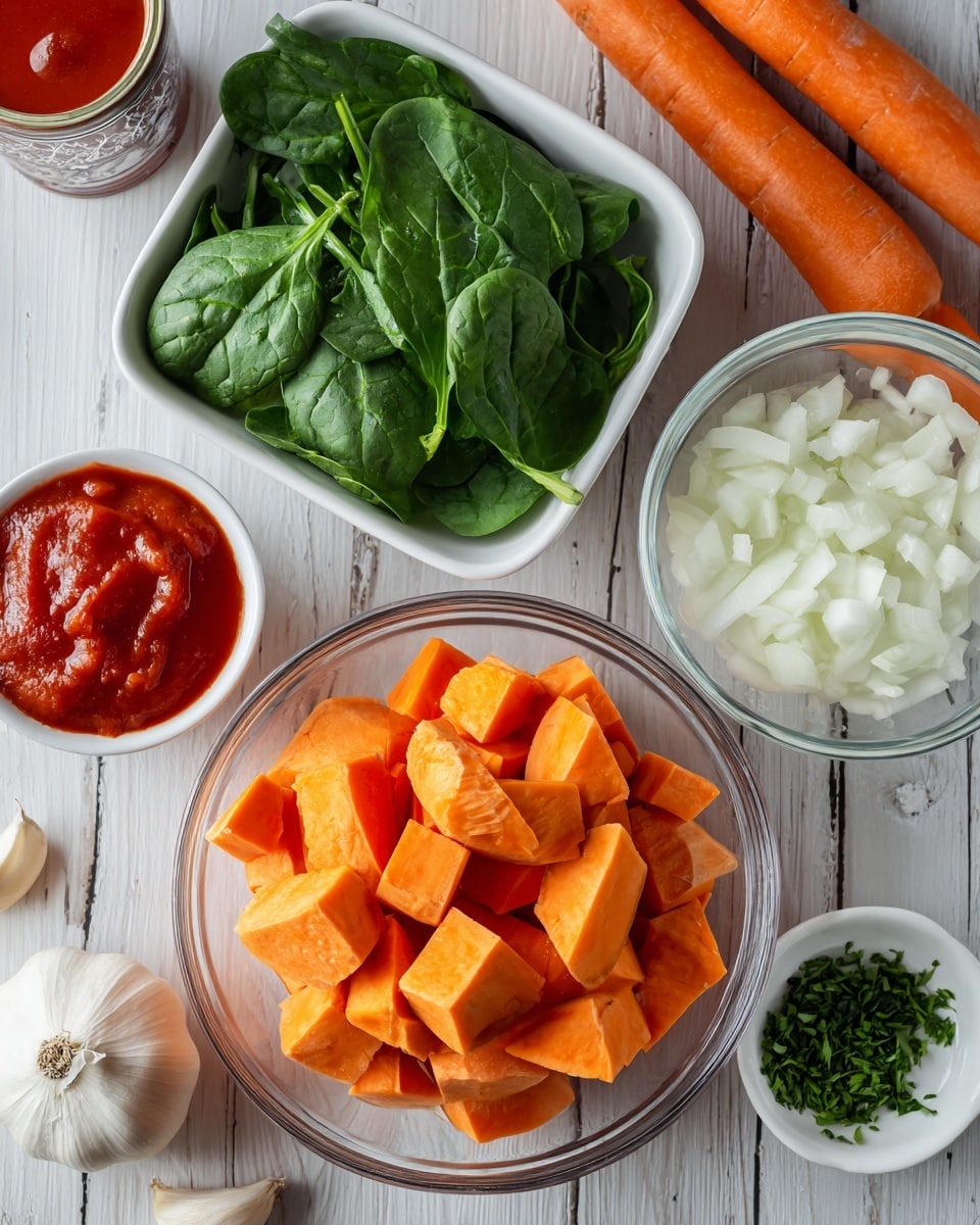 The image shows a dark wooden table with various fresh ingredients arranged in clear and white dishes, ready for cooking. In the center, there is a clear bowl filled with bright orange sweet potato chunks that have a smooth texture. Above it lie two whole vibrant orange carrots. On the top left, there is a white container filled with fresh, green spinach leaves that look leafy and crisp. To the right, there is a clear small bowl with finely chopped white onions, showing a slightly translucent and moist texture. Below that to the right, a small white bowl holds finely chopped green herbs, adding a fresh touch. Near the bottom left, there is a small bulb of white garlic with papery skin and a partially open can of red tomato sauce with a shiny texture. The surface is a white marbled texture. photo taken with an iphone --ar 4:5 --v 7