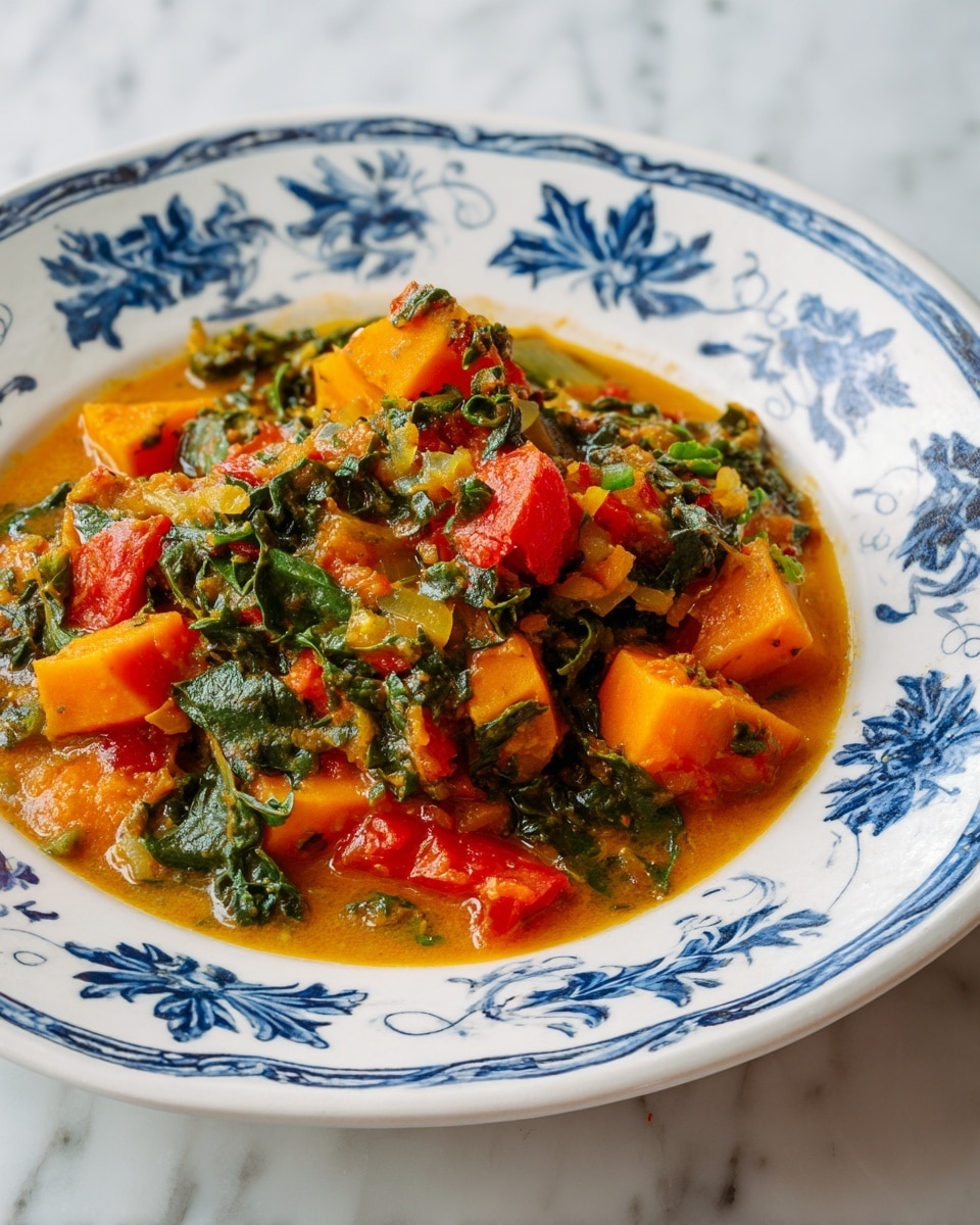 A white plate with blue floral designs is filled with a colorful stew showing about three layers: the bottom layer is an orange liquid broth, the middle layer has chunks of orange sweet potato and red tomato pieces with some green spinach leaves, and the top layer shows wilted spinach and more tomato bits mixed into the stew. The stew looks thick with a mix of soft vegetable textures and bright colors. The plate sits on a white marbled surface. photo taken with an iphone --ar 4:5 --v 7