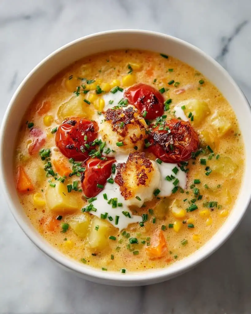Sun Dried Tomato Corn Chowder with Goat Cheese Croutons Recipe