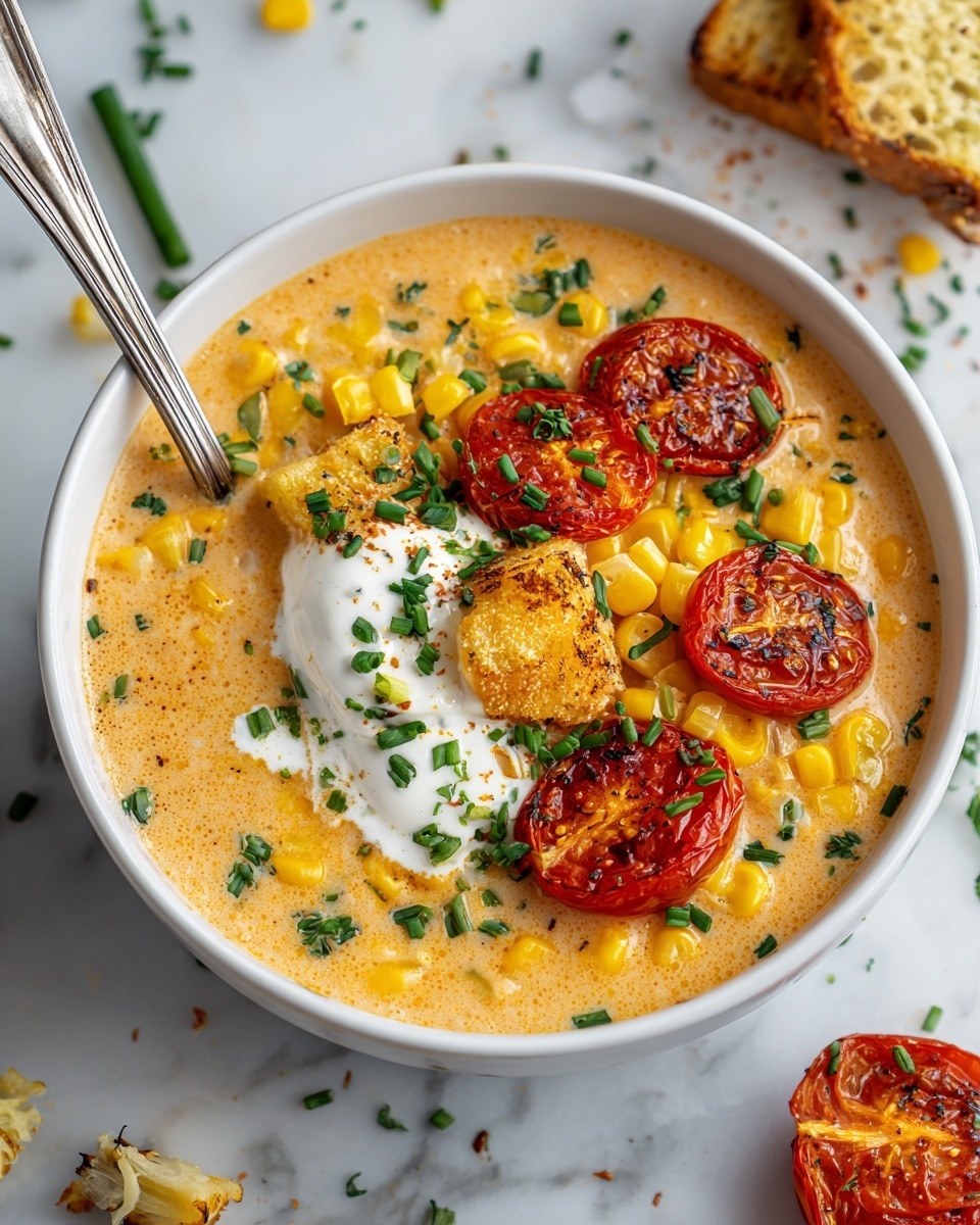 A white bowl filled with creamy corn chowder showing three layers: the base layer of light orange creamy soup with small corn kernels and chopped green herbs, the middle layer of yellow corn cob pieces and cream-colored potato chunks, and the top layer with three pieces of roasted red tomatoes, a dollop of white cream with a golden browned crust on one side, and a sprinkle of chopped green chives; a metal spoon rests inside the bowl on a white marbled surface with some crumbs and chopped herbs scattered around, and a piece of the roasted topping alongside a roasted tomato is partly visible near the bowl; photo taken with an iphone --ar 4:5 --v 7