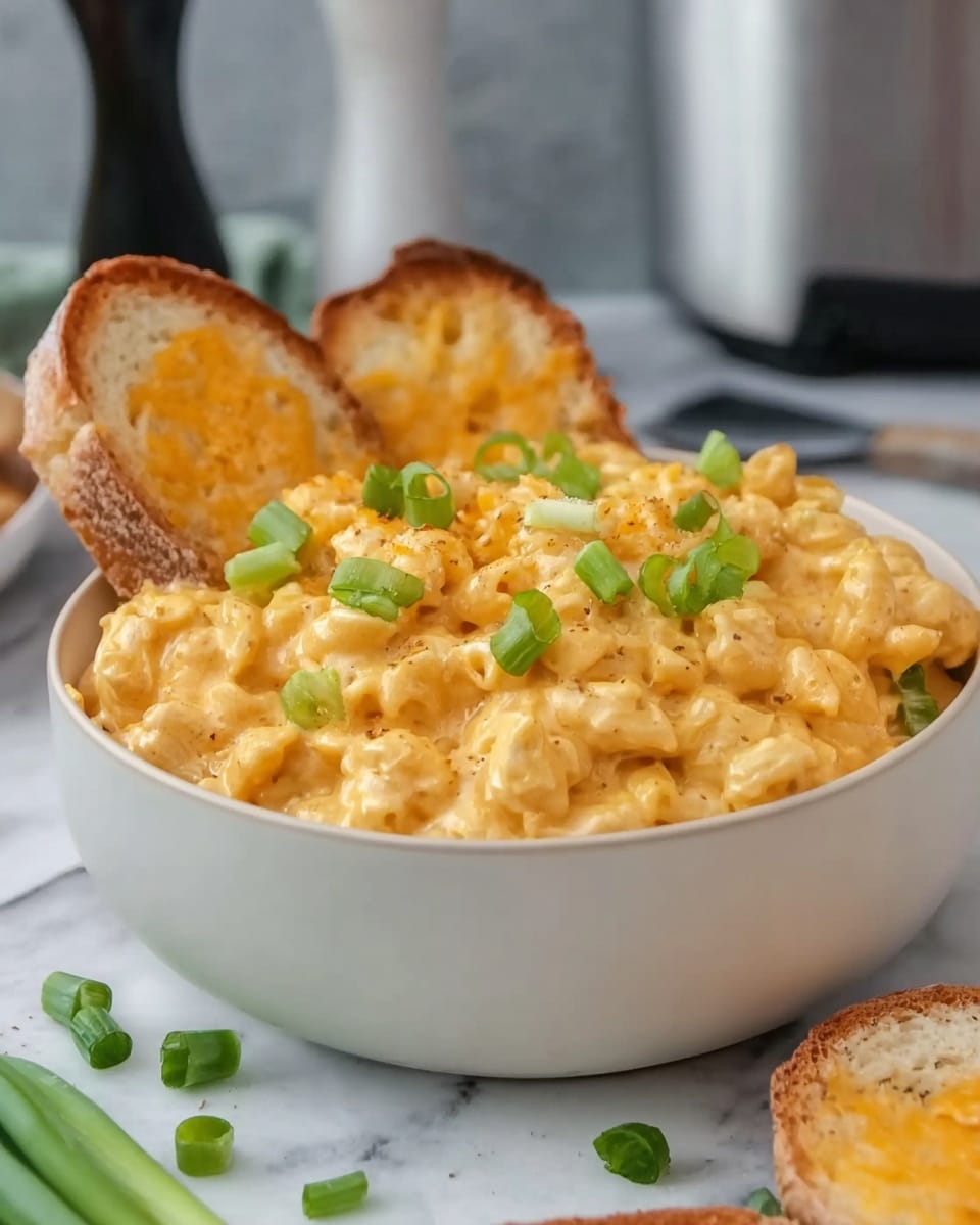 The image shows a bowl of creamy orange macaroni and cheese with a few pieces of green onion on top, adding a fresh green color contrast. The bowl is white with a smooth texture and is set on a white marbled surface. There are two pieces of toasted bread, with a golden brown crust and melted cheese on top, sitting slightly behind the macaroni. In the background, there are salt and pepper shakers as well as some green onion pieces. Photo taken with an iphone --ar 4:5 --v 7