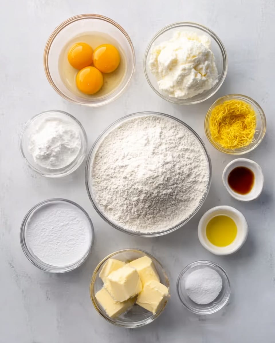 The image shows ten small clear glass bowls arranged on a white marbled surface. At the center, a larger glass bowl is filled with white flour. Above it, slightly to the right, is a bowl with white cream or soft cheese. Above and to the left of the flour bowl is a bowl with two cracked raw eggs showing bright orange yolks. To the far left is a bowl with yellow lemon zest. To the right of the cream bowl, two small bowls contain white powdery substances, likely salt and baking powder. Below the flour bowl is a bowl with white sugar. To the bottom left is a bowl with soft, pale yellow butter. To the bottom right is a small bowl with a brown liquid, possibly vanilla extract. Another bowl with a yellow liquid, likely melted butter or oil, is between the lemon zest and sugar. The overall set-up is neat and clean. Photo taken with an iphone --ar 4:5 --v 7